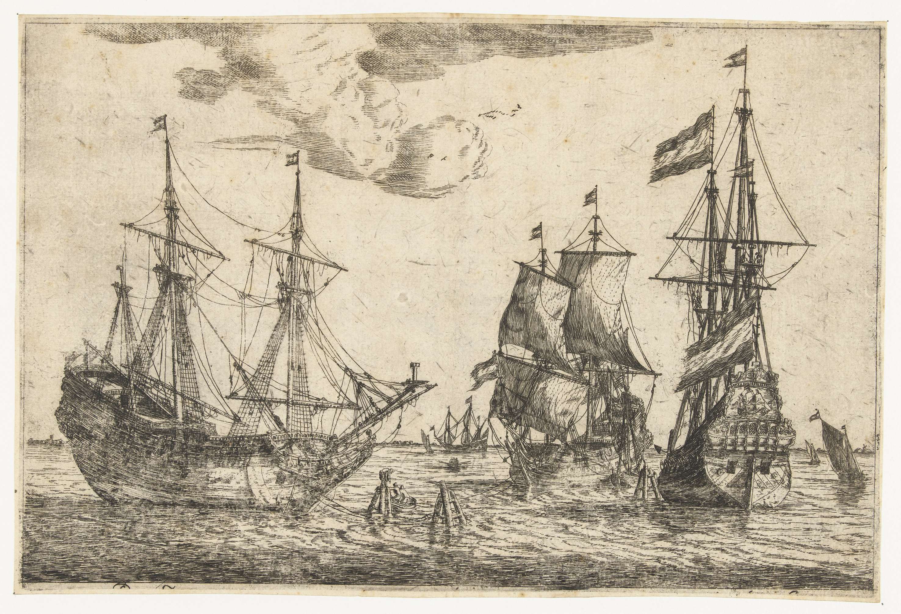 Etching by Reinier Nooms depicting anchored ships on calm water
