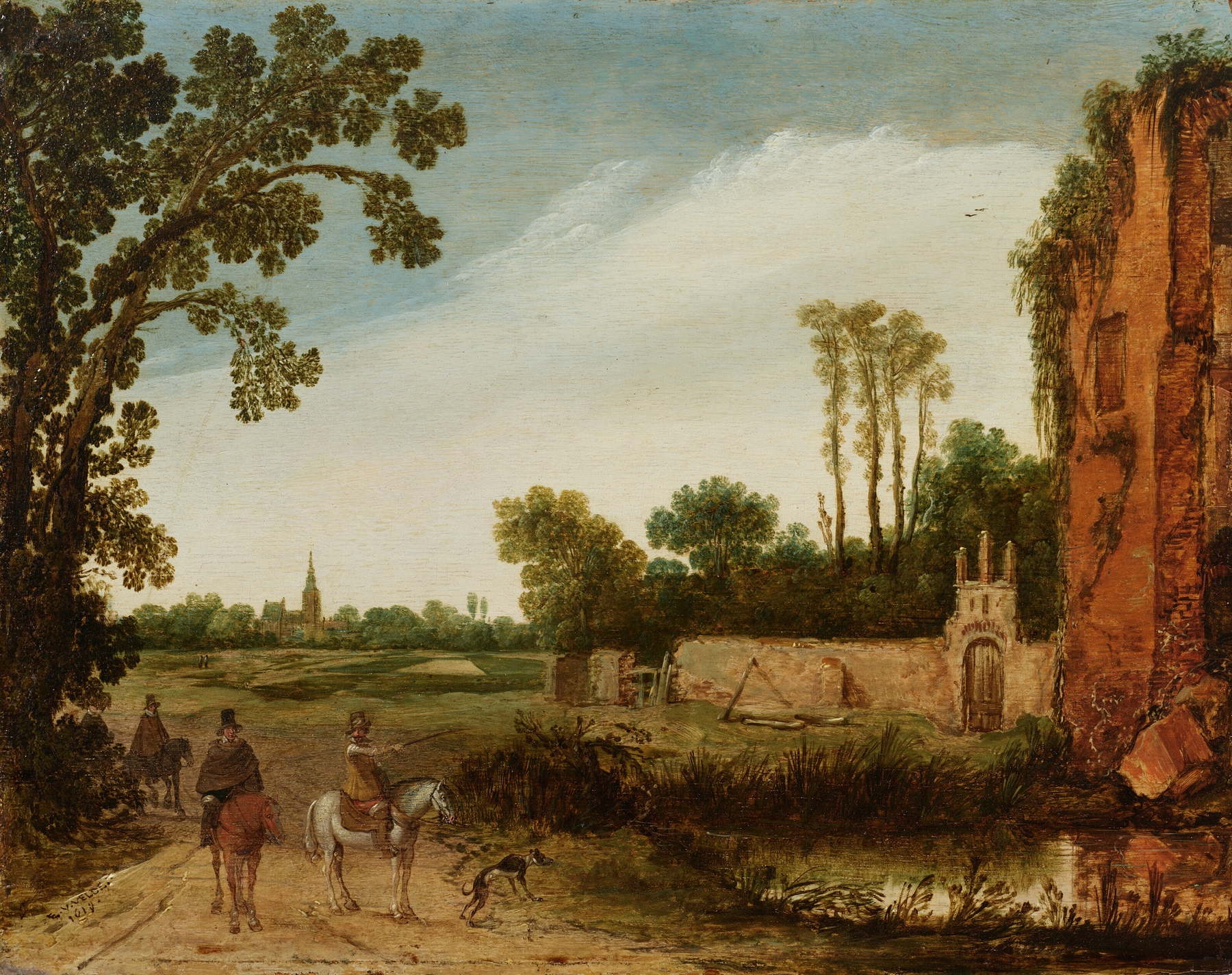 Landscape with riders beside a pool, Esaias van de Velde, oil painting