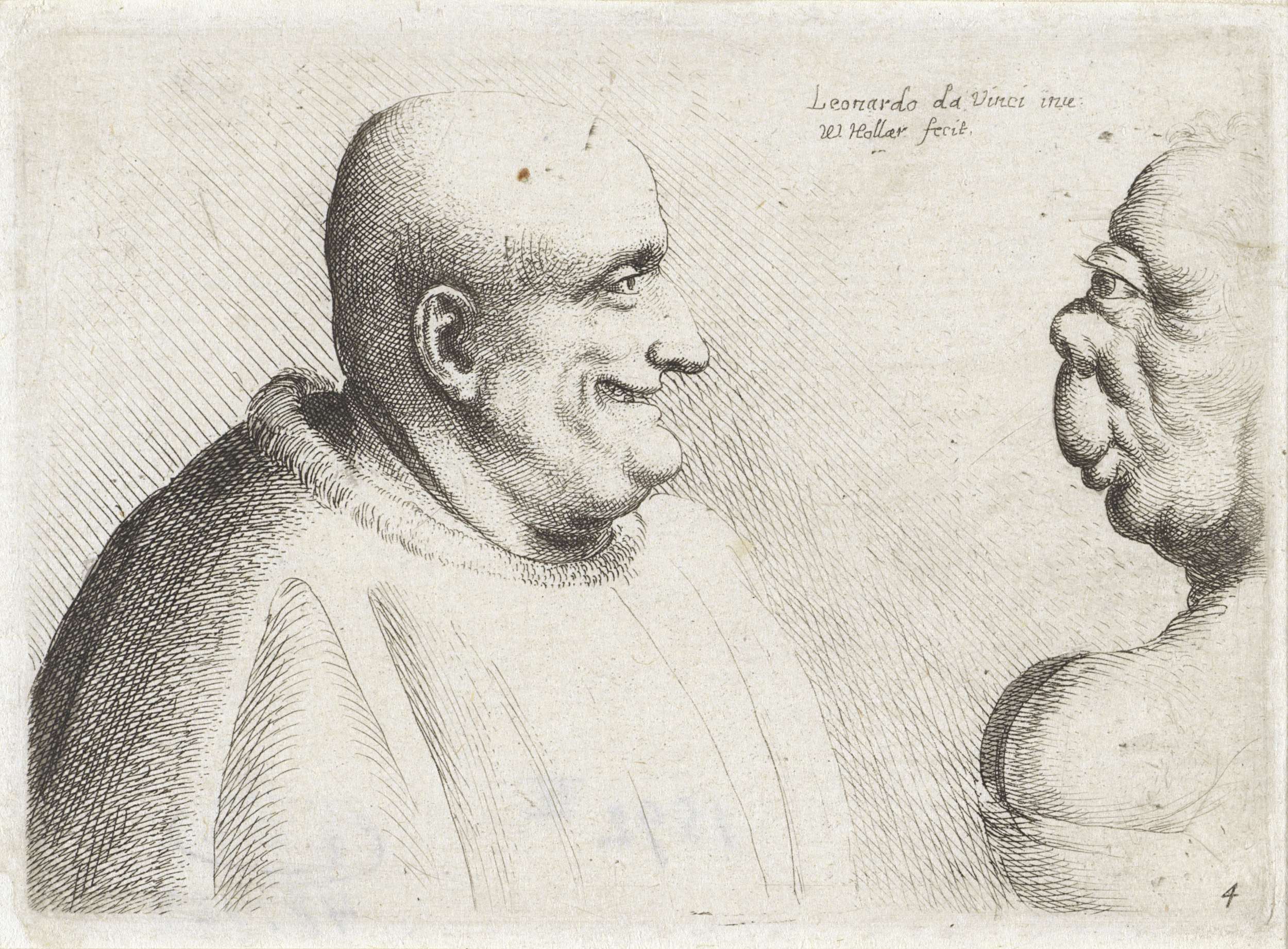 Etching by Wenceslaus Hollar depicting a bald man and grotesque woman.