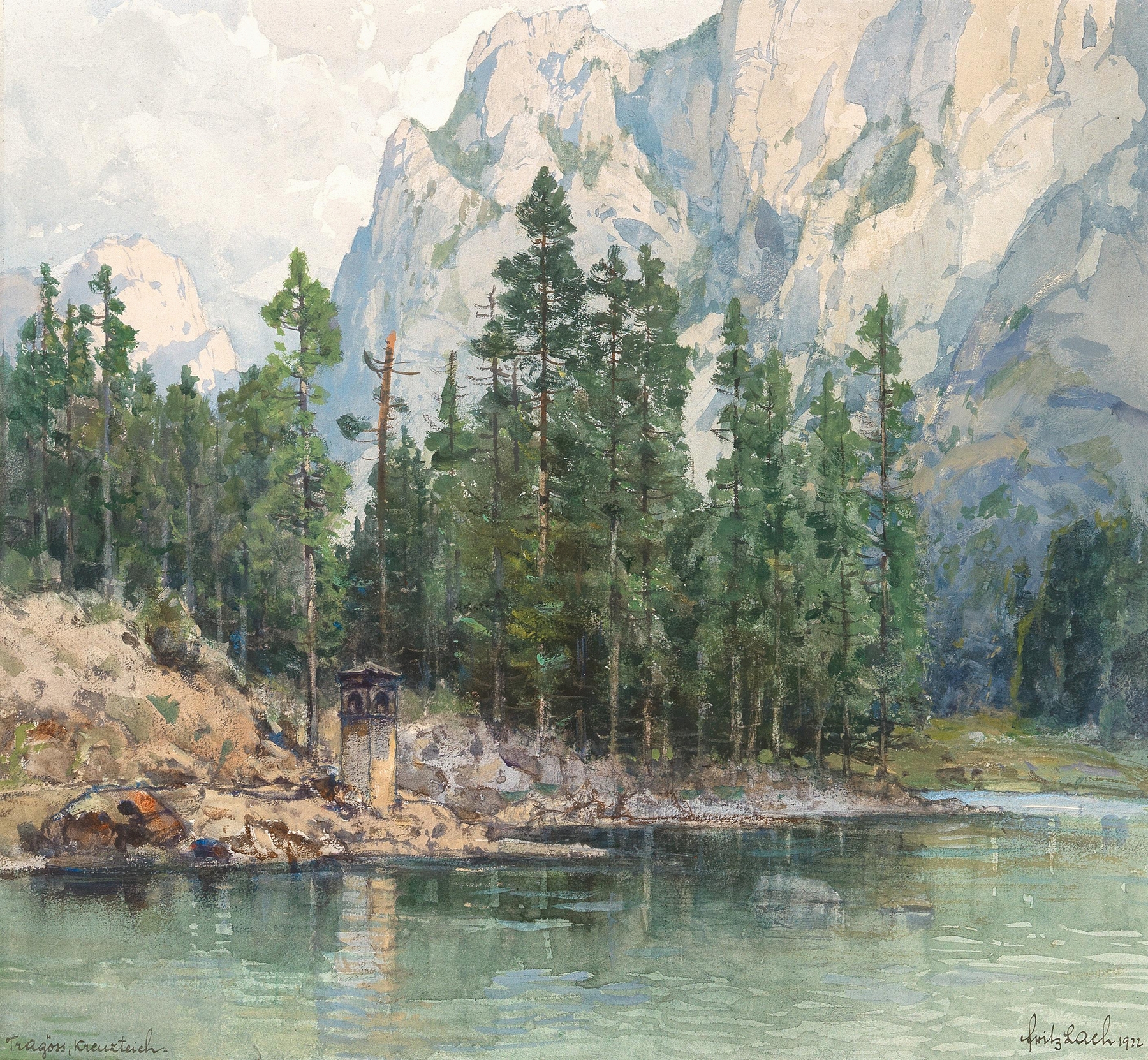 Kreuzteich near Tragöss, oil painting by Fritz Lach depicting a tranquil pond and landscape.