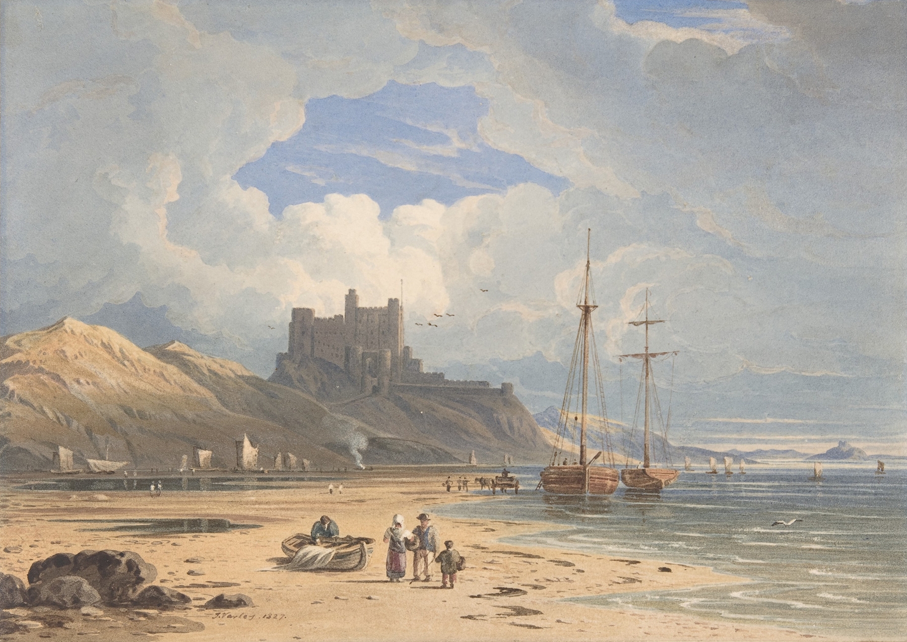 Bamborough Castle from the Northeast, with Holy Island in the Distance, Northumberland, by John Varley, public domain