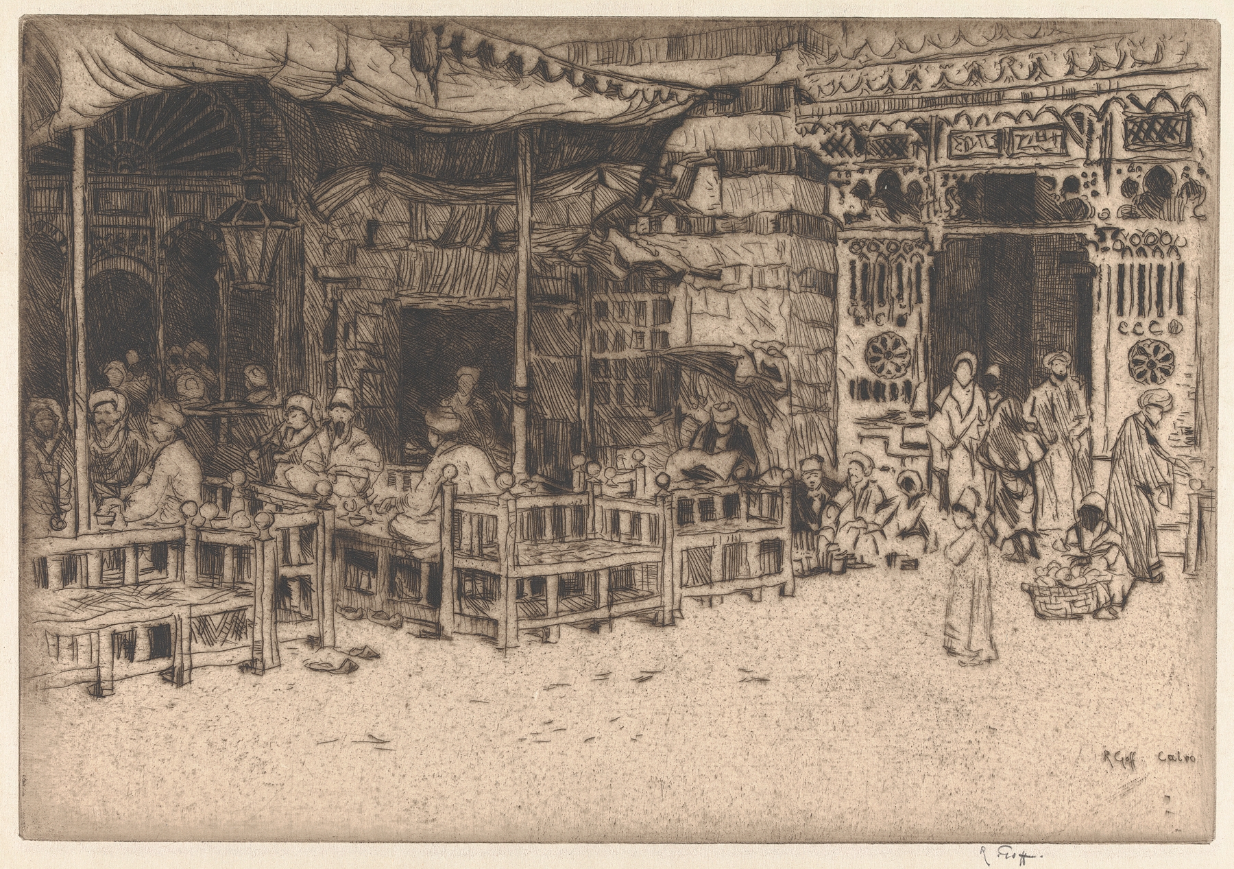 Watercolour by Robert Charles Goff depicting a coffee house and mosque entrance in Cairo