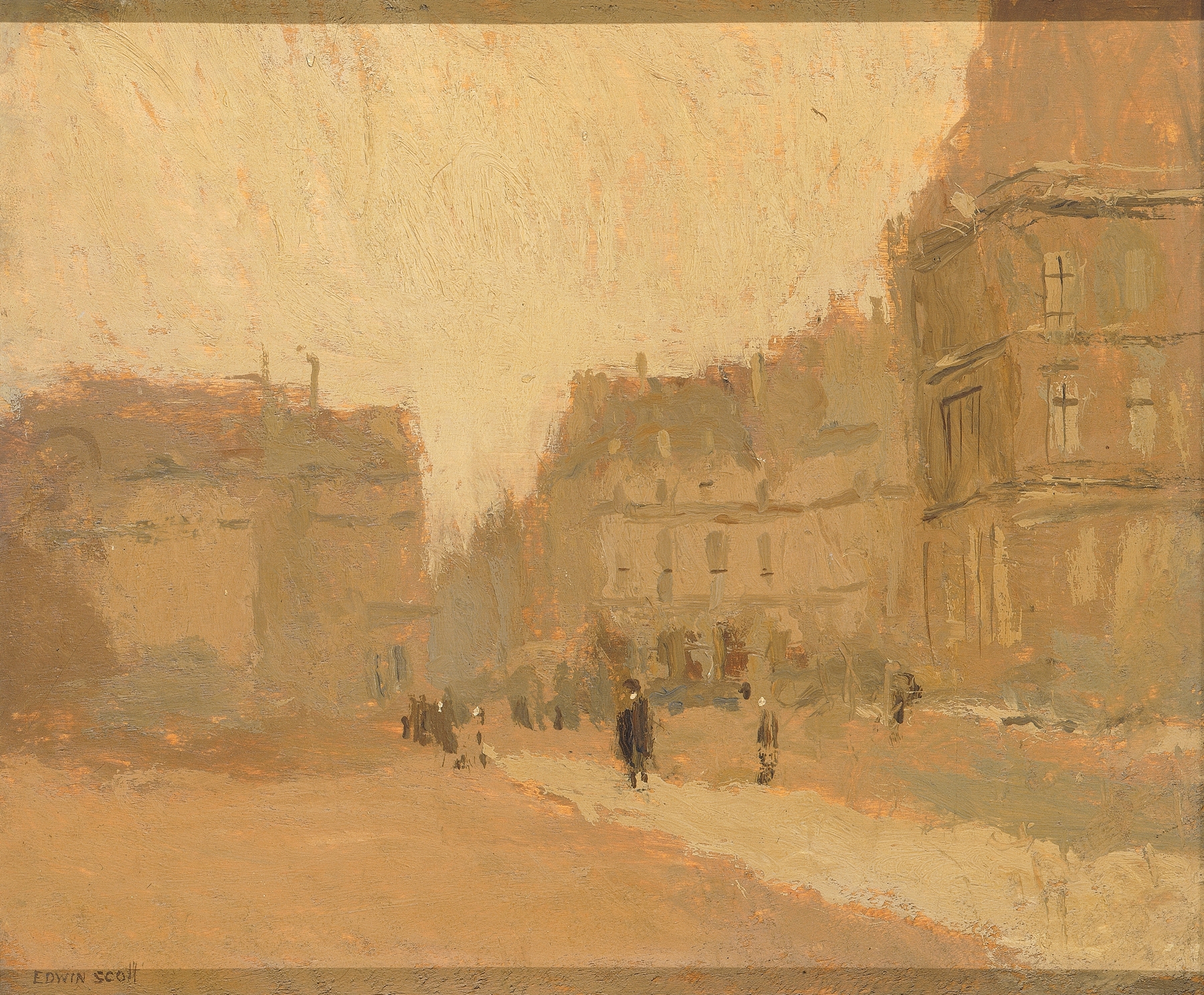 Rue des Pyramides by Frank Edwin Scott, oil on canvas depicting a vibrant street scene.