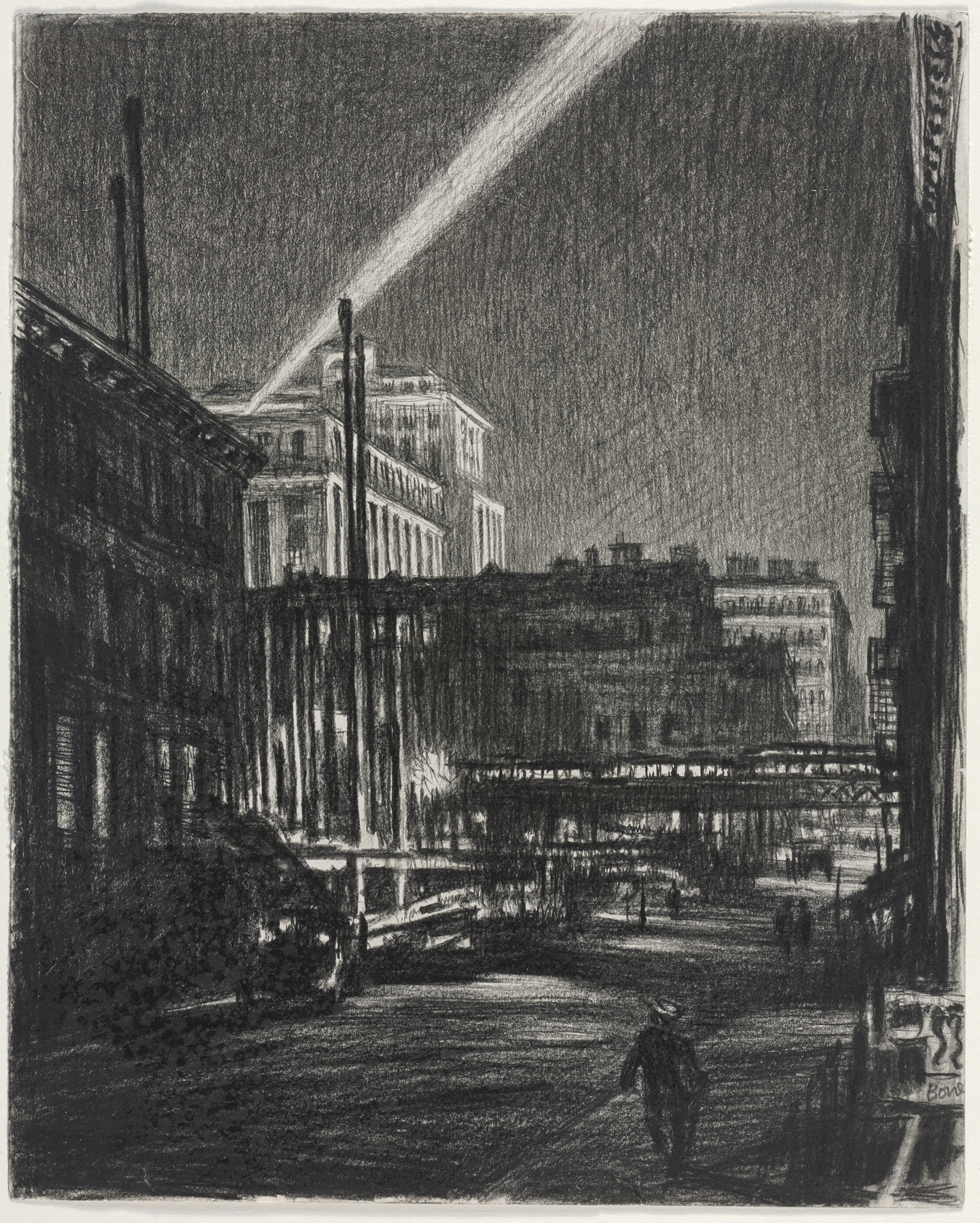 New York Night by Muirhead Bone, depicting a dark cityscape with glowing streetlights, oil painting