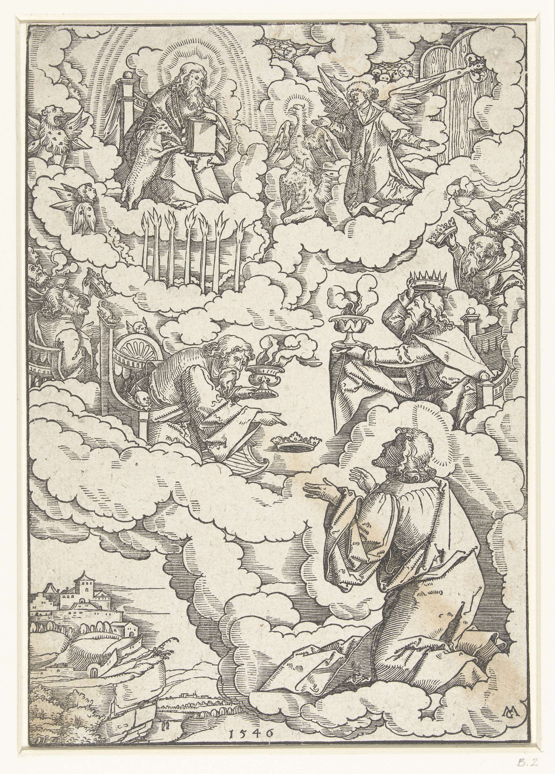 Religious scene with God on a throne and twenty-four elders, paper by Matthias Gerung