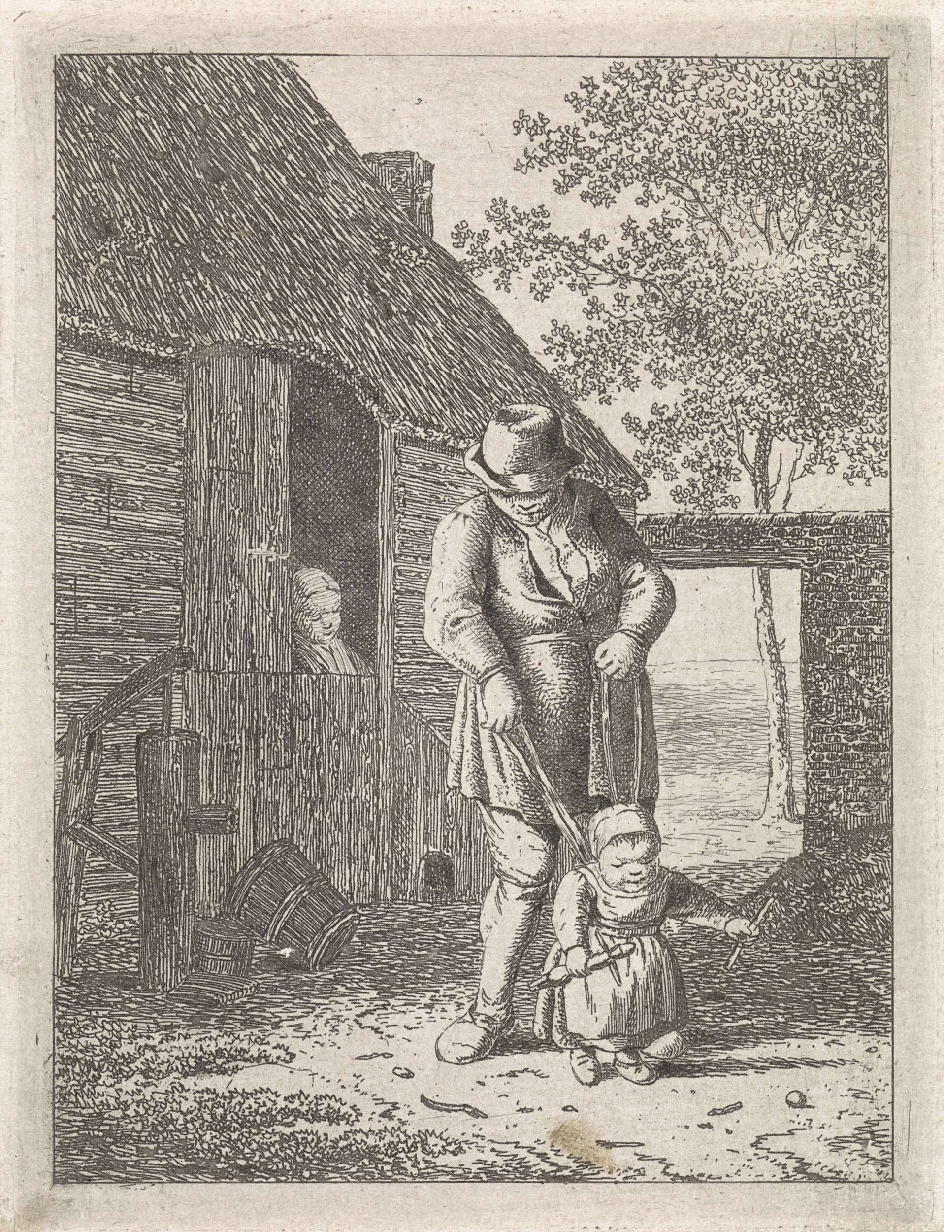 Etching by Johannes Christiaan Janson depicting a farmer with a child on a leash.