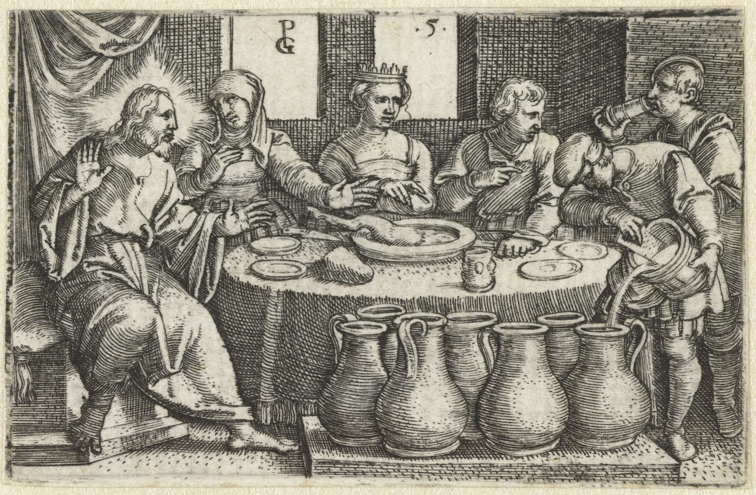 Engraving by Georg Pencz depicting a wedding celebration with figures and light.