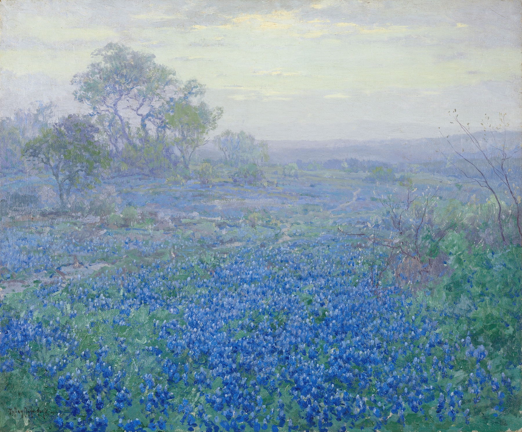 Landscape of bluebonnets under an overcast sky by Julian Onderdonk, oil painting