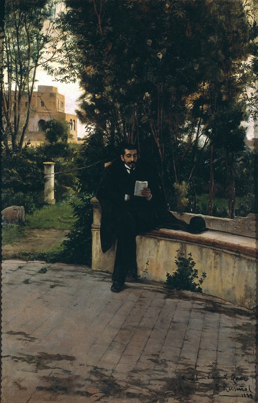 A portrait of a man in a garden setting by Santiago Rusiñol.