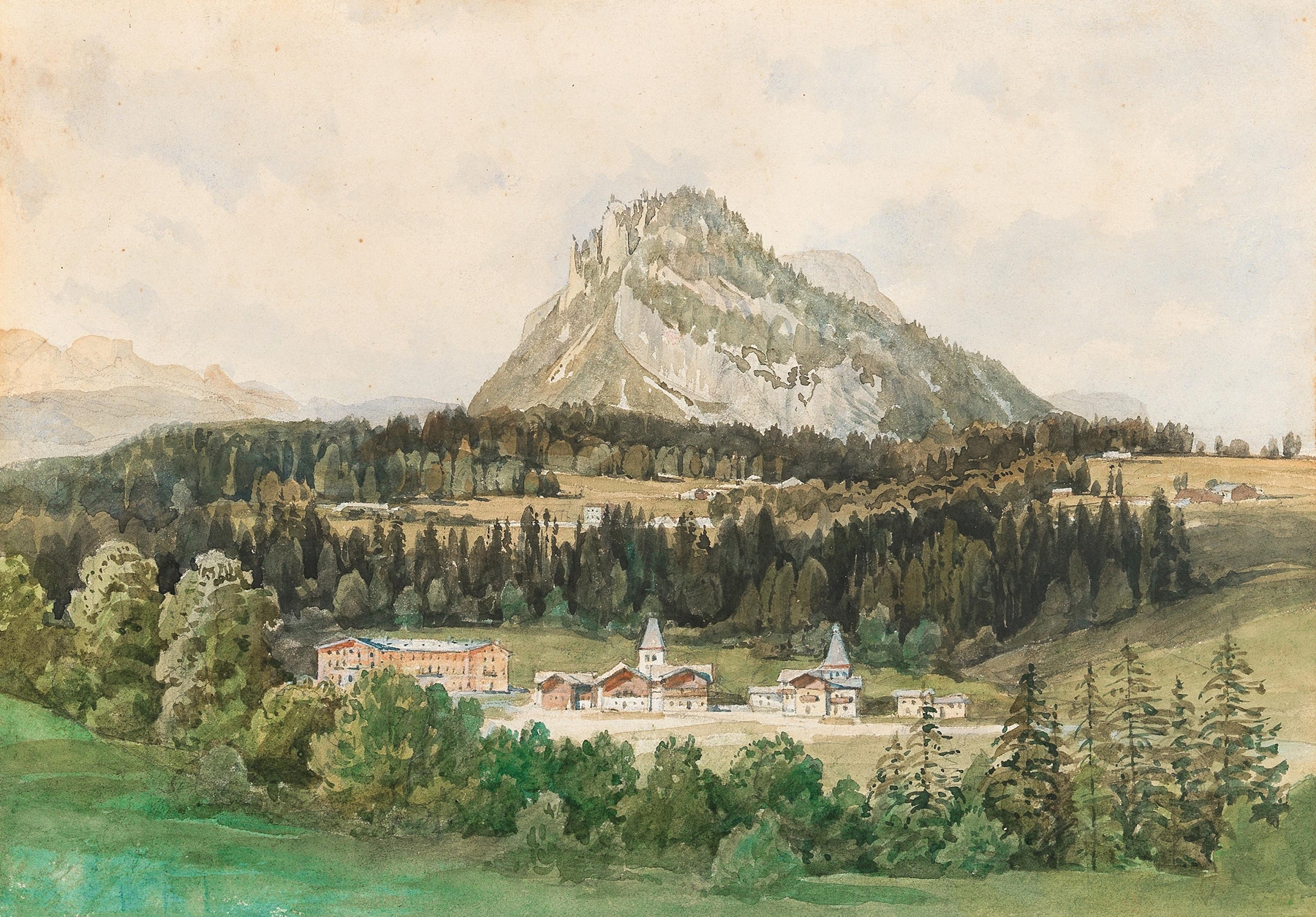 A view of Bad Aussee with Loser mountain, by Thomas Ender, public domain