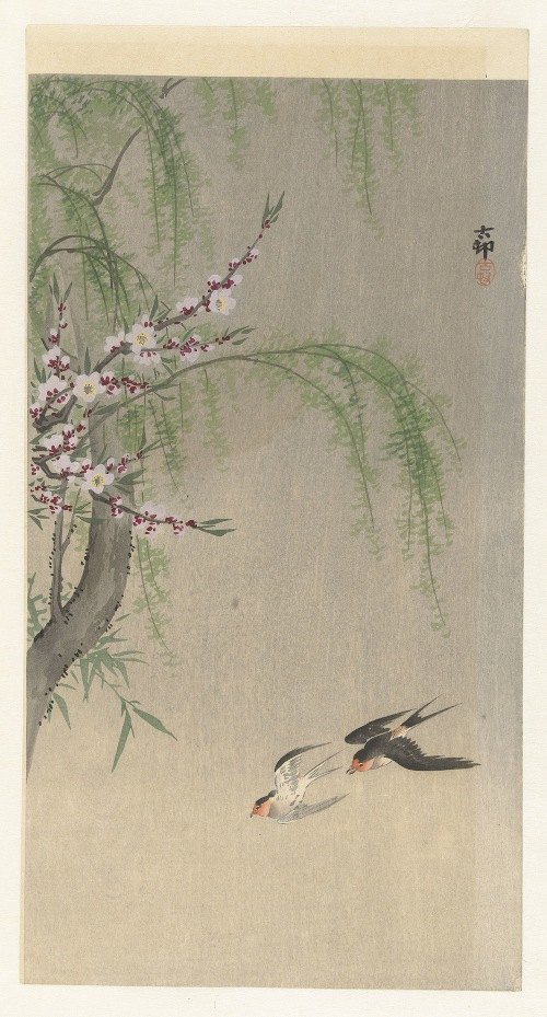 A beautiful depiction of swallows in flight by Ohara Koson.