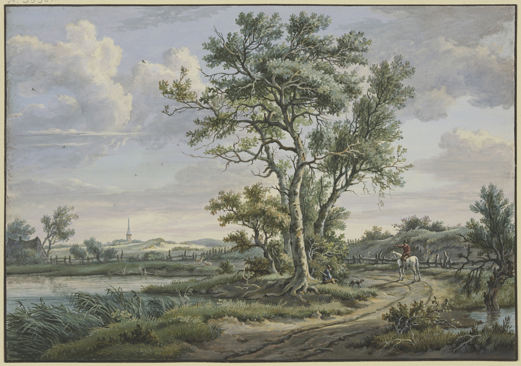 Genre scene depicting a rider on a horse speaking with a seated farmer, by Carel Lodewijk Hansen