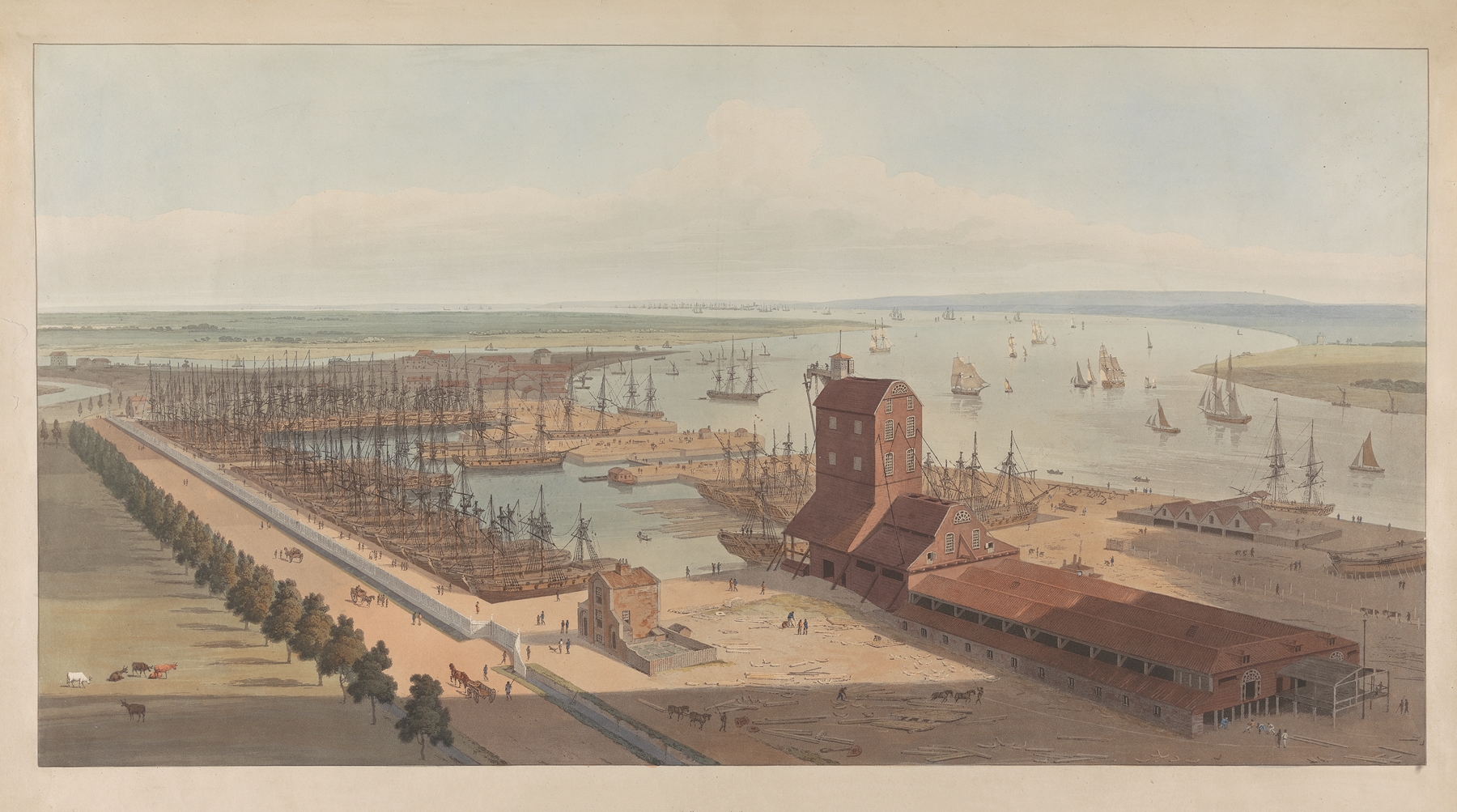 Brunswick Dock on the Thames at Blackwall by William Daniell, oil painting