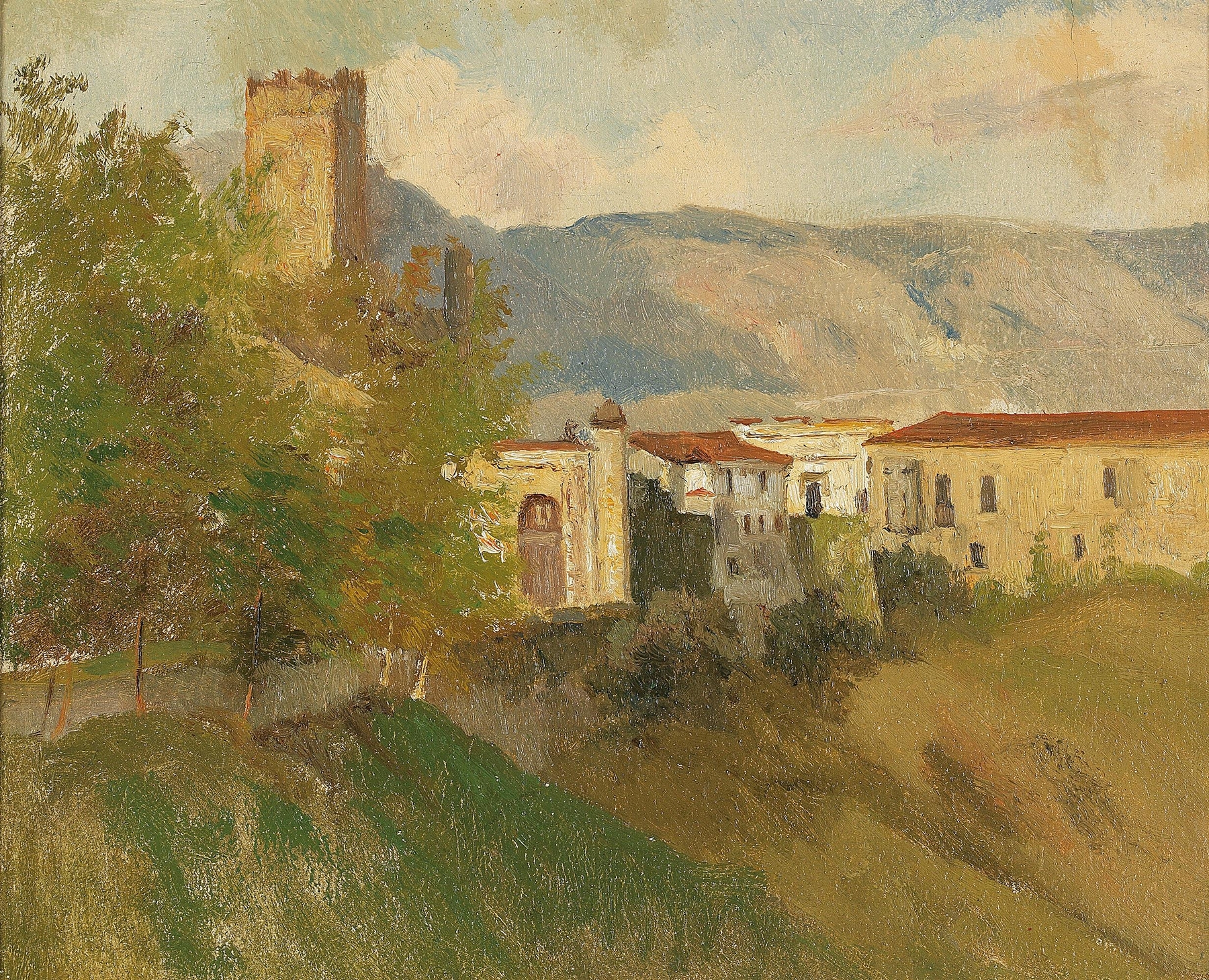 Südliche Landschaft by Marie Egner, oil on canvas depicting a sunset over gentle hills.