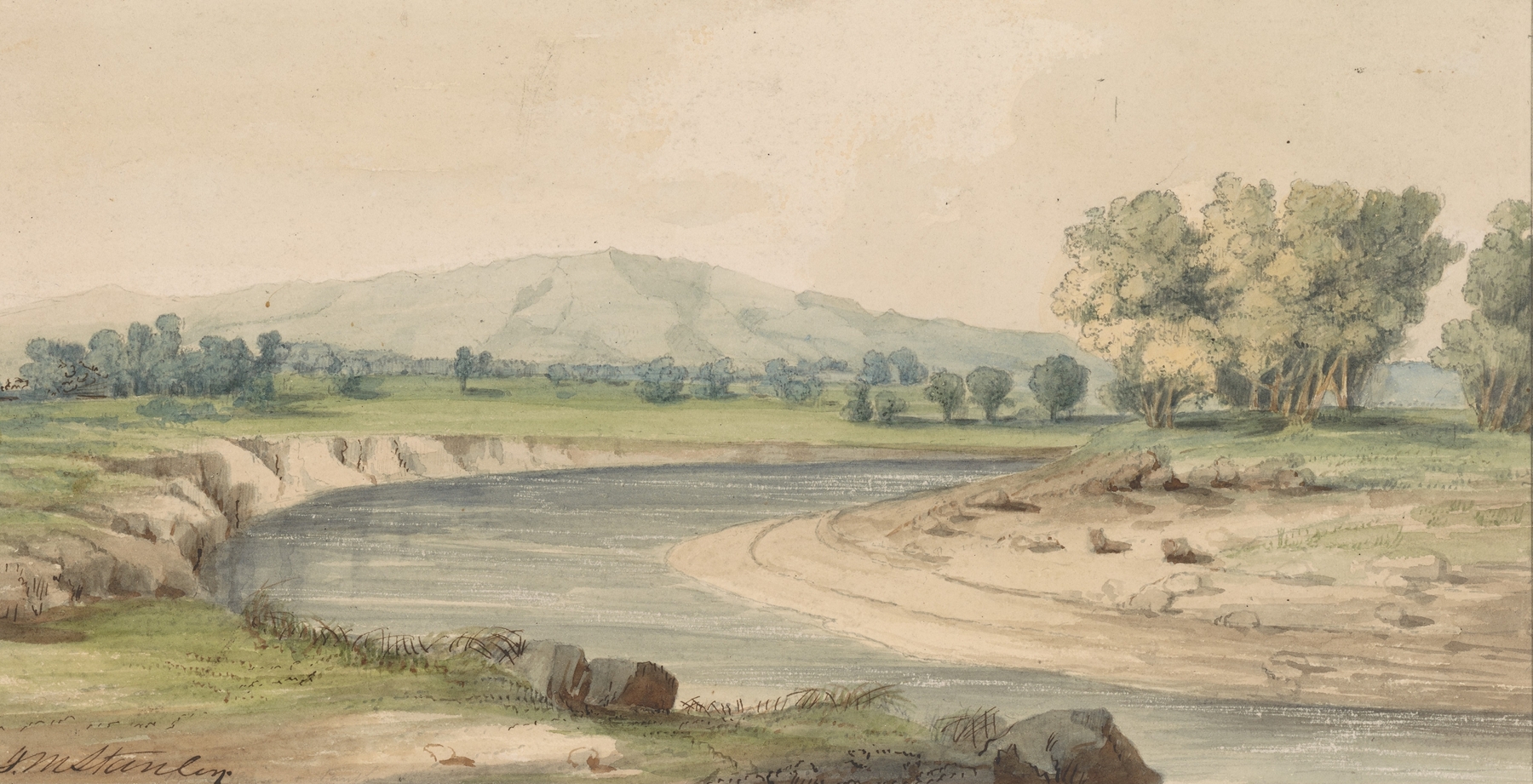 Oil painting by John Mix Stanley depicting Milk River and Panther Mountain
