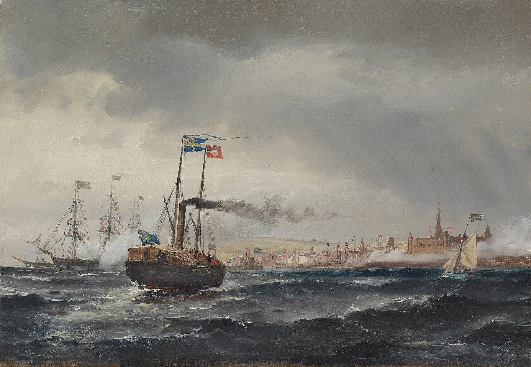Historical scene with royal figures in oil on canvas by Carl Frederik Sørensen