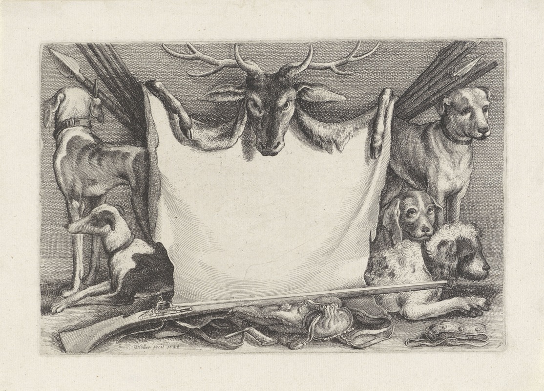 A detailed etching depicting hounds, hunting equipment, and game.