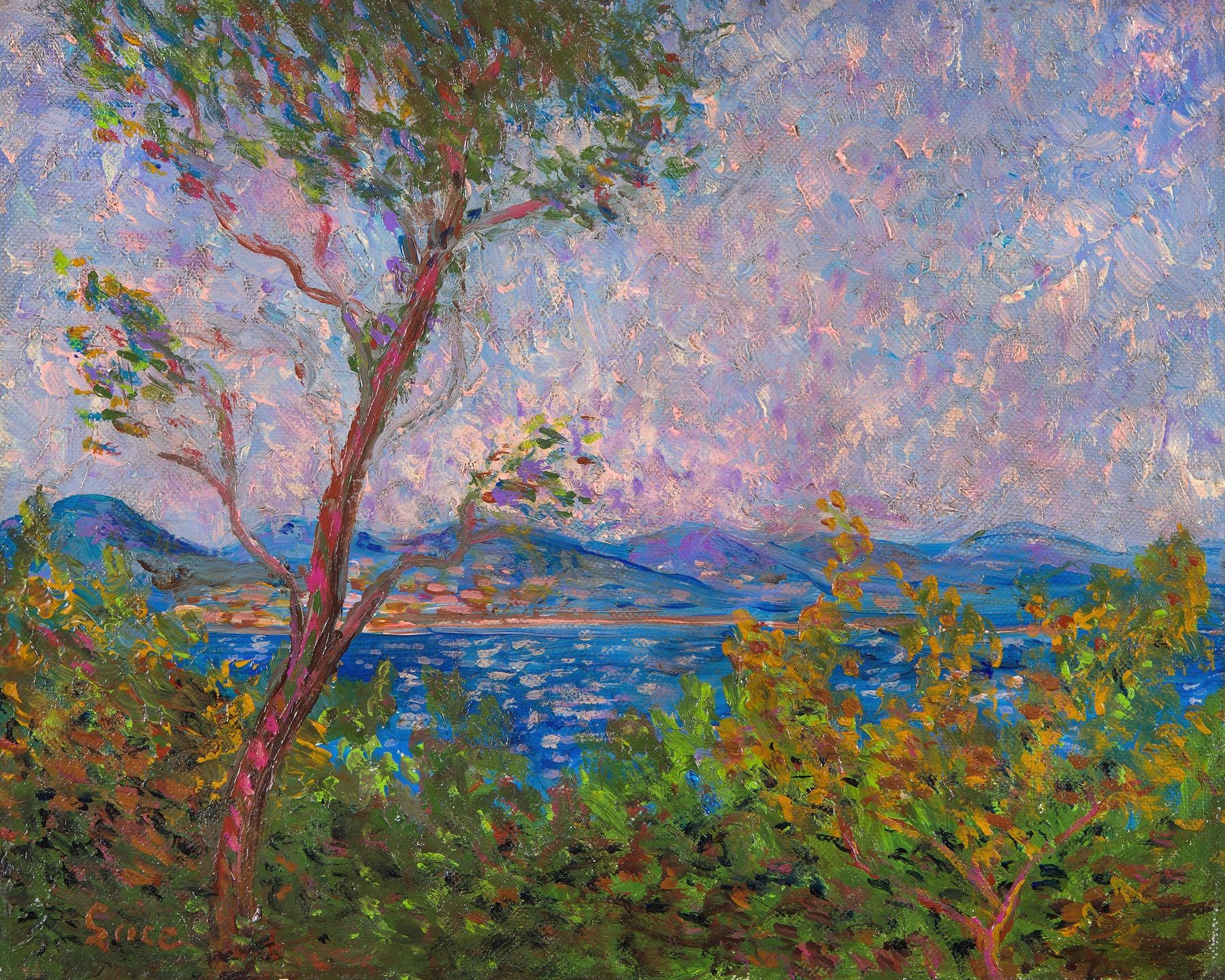 Saint-Tropez au bord de la mer Méditerranée by Maximilien Luce, oil painting of a serene beach and waves.