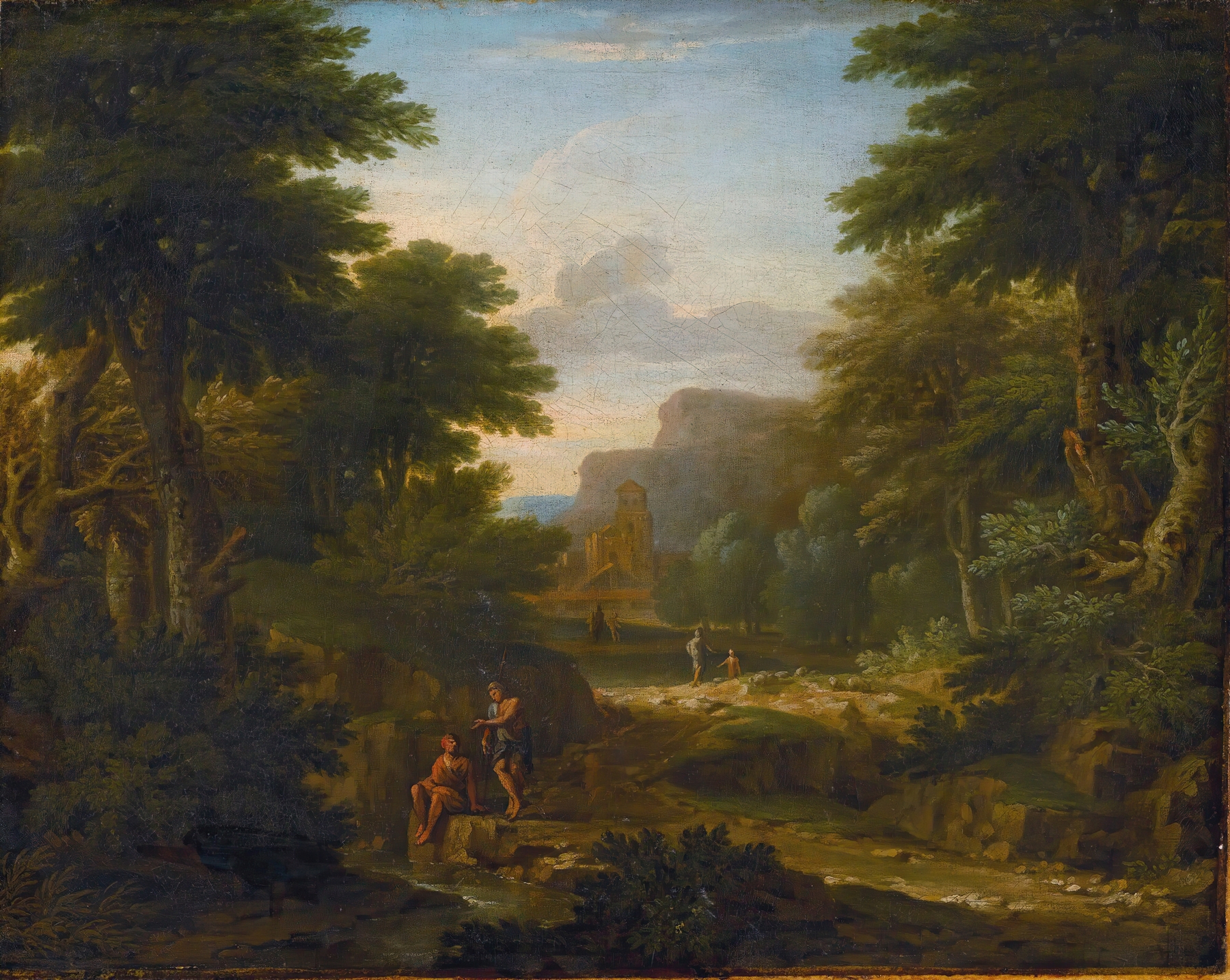 Rococo landscape with figures by a stream, George Lambert