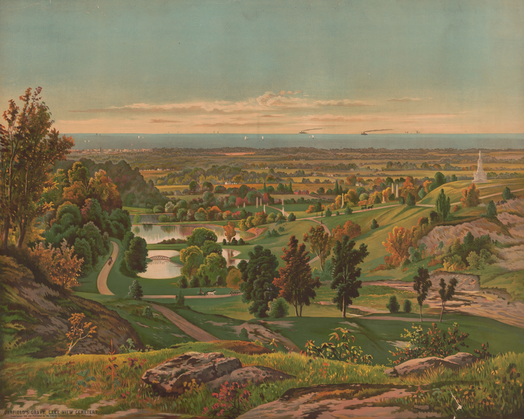 Lithograph by Krebs Lith. Co depicting Garfield’s grave with intricate details.