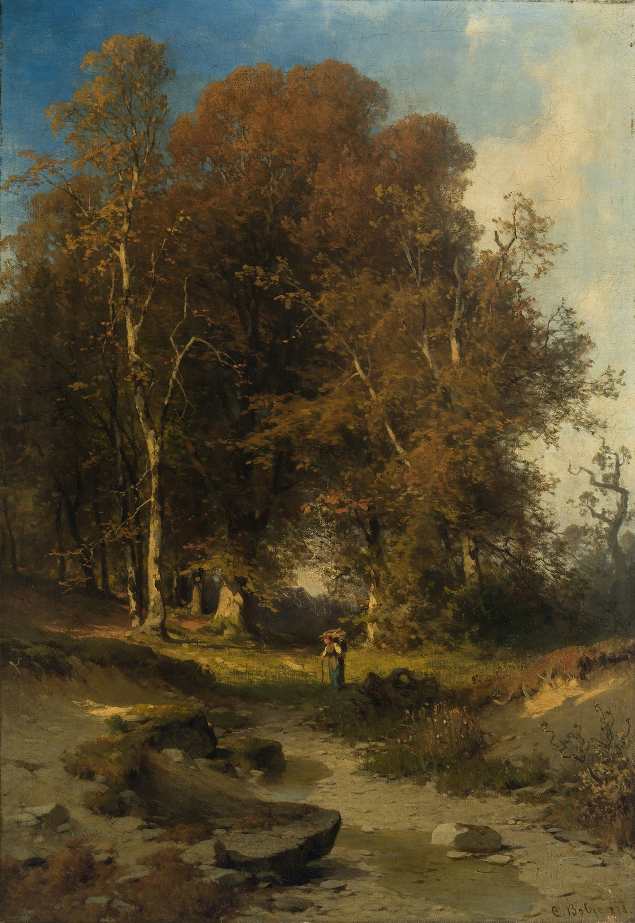 Autumn landscape with trees and golden light by Carl Bolze, oil painting