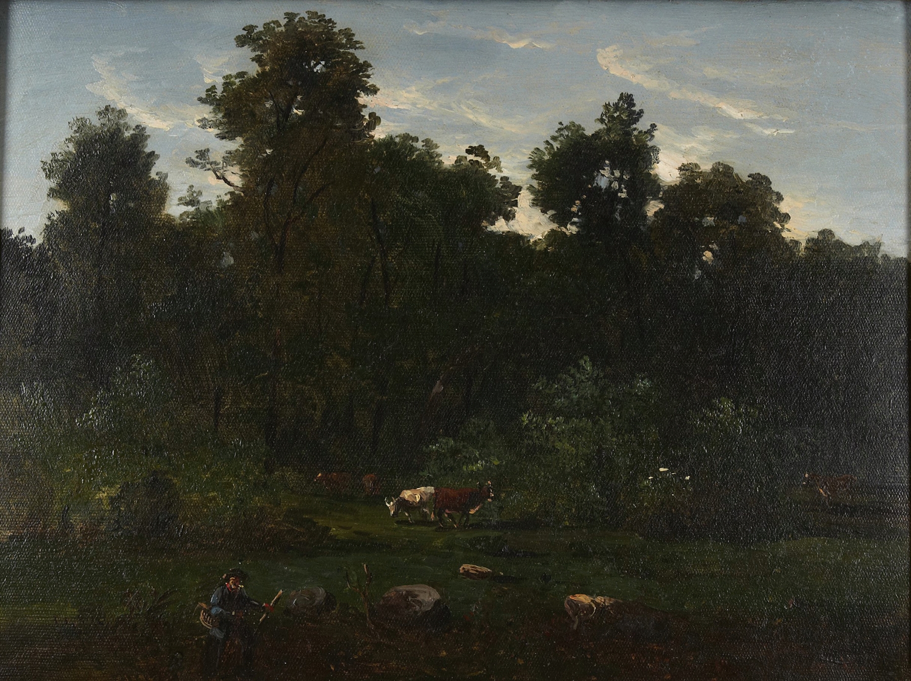 Pastoral Scene by Régis François Gignoux, oil on canvas depicting rolling hills and a river.