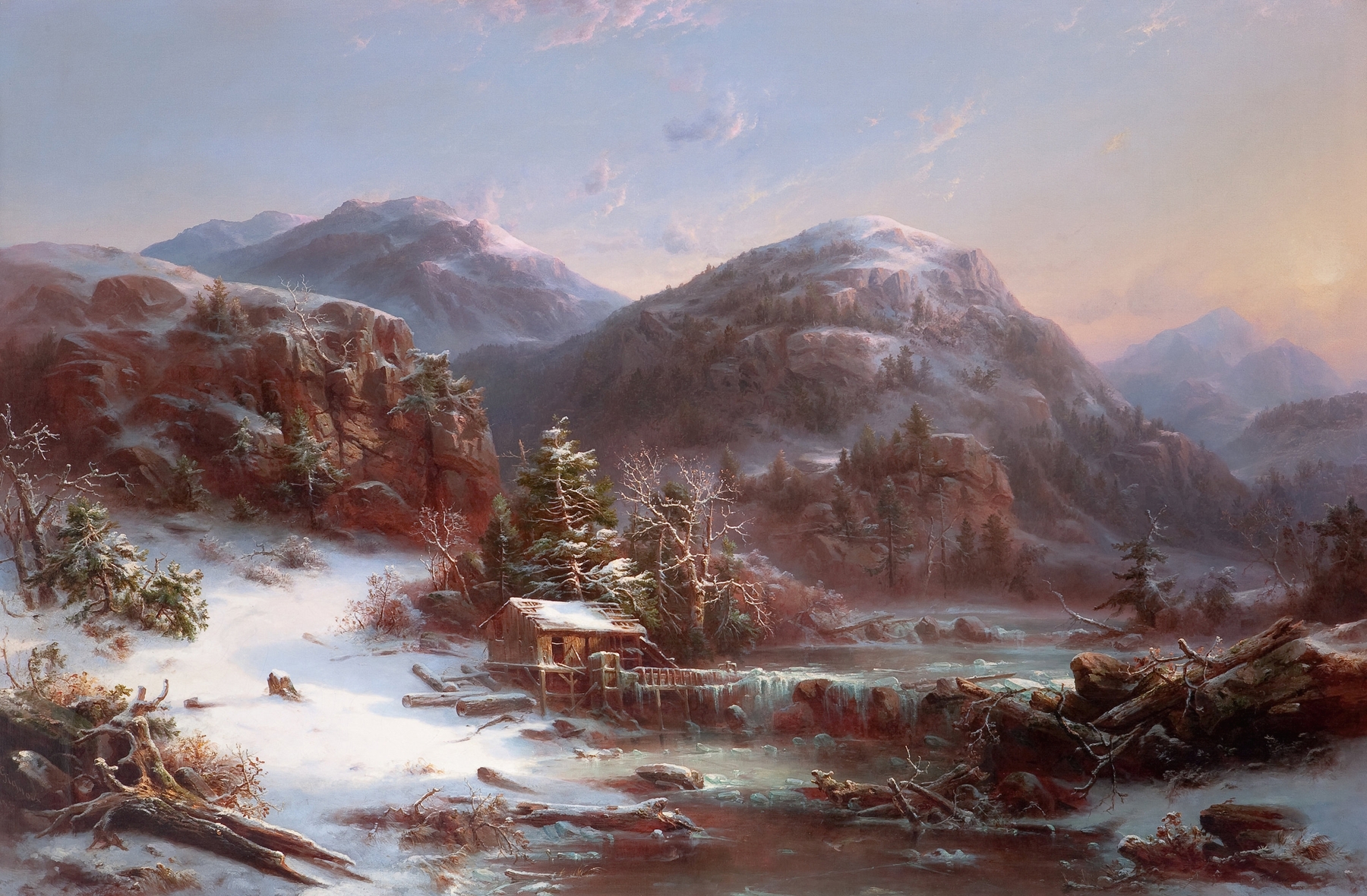 Winter in the Mountains by Régis François Gignoux, oil on canvas depicting snow-covered pines.