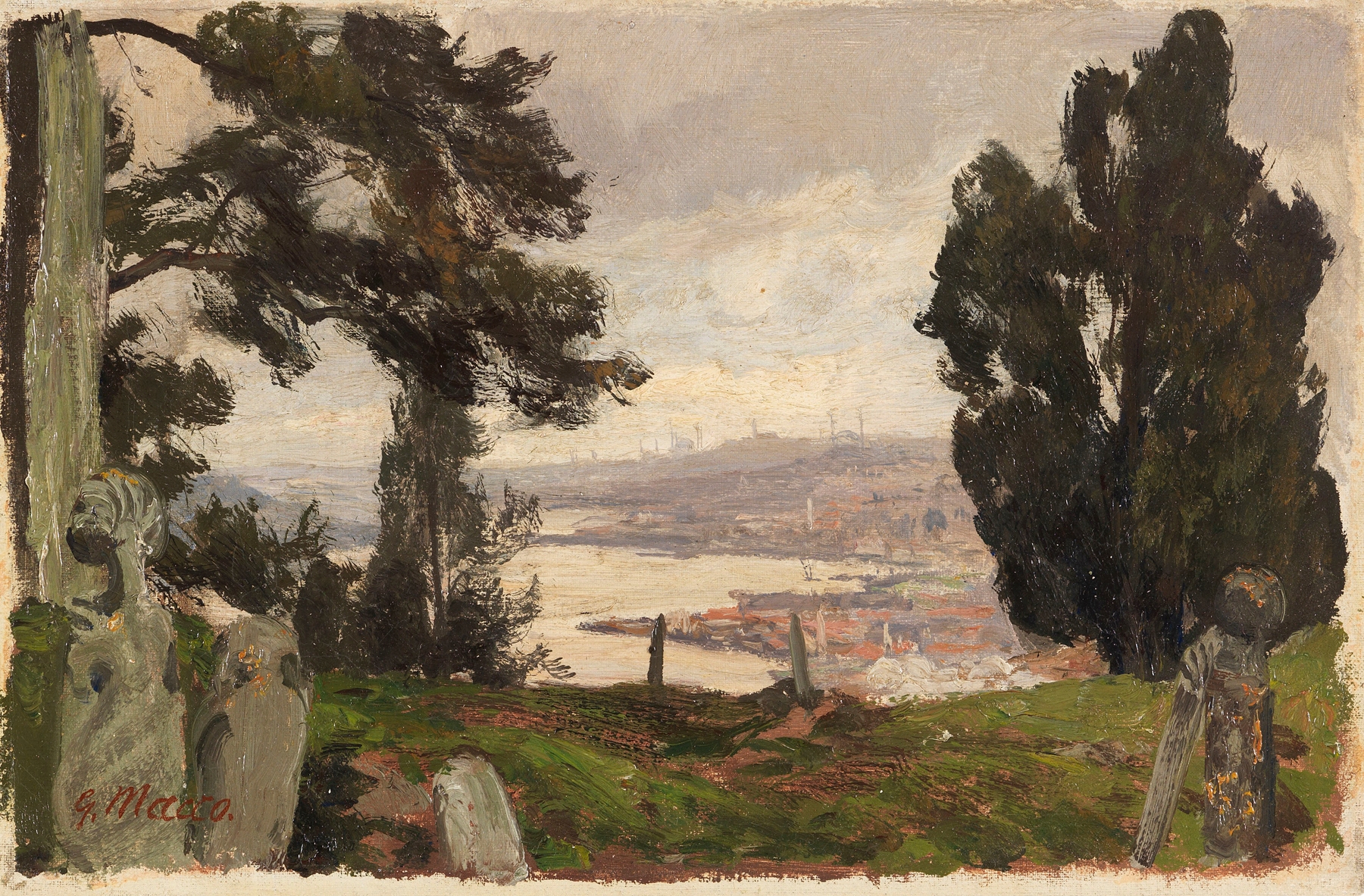 Oil painting by Georg Macco depicting the Bosporus with sunlight and tranquil waters.