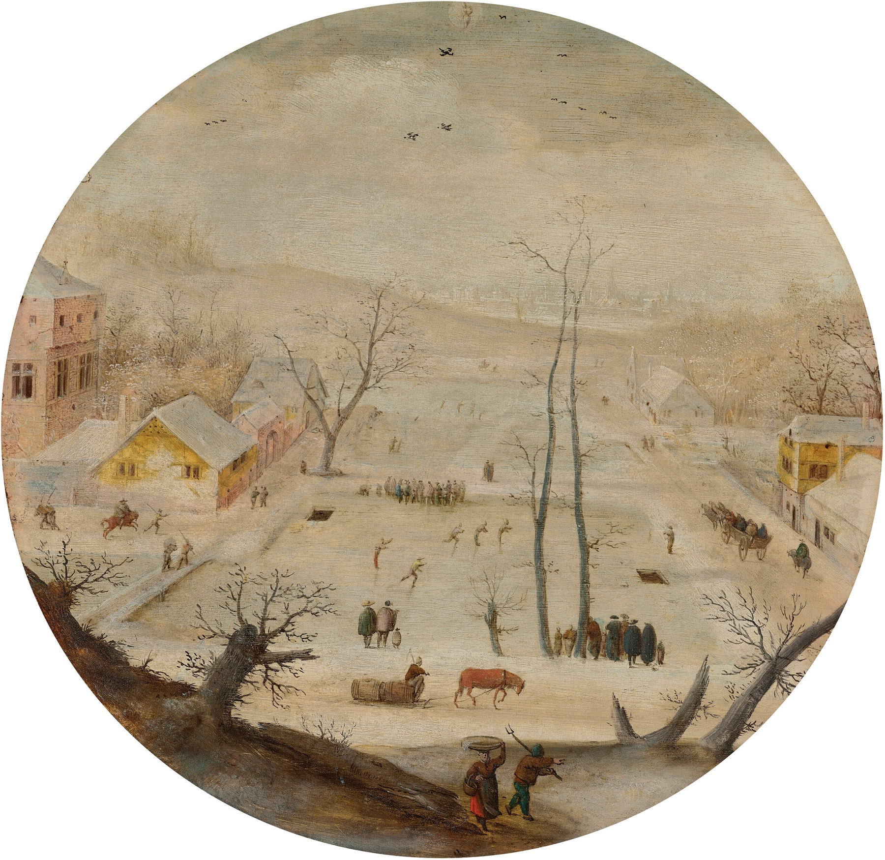 The month of January, with the sign of Aquarius by Jacob Grimmer, oil on panel depicting a serene winter scene.