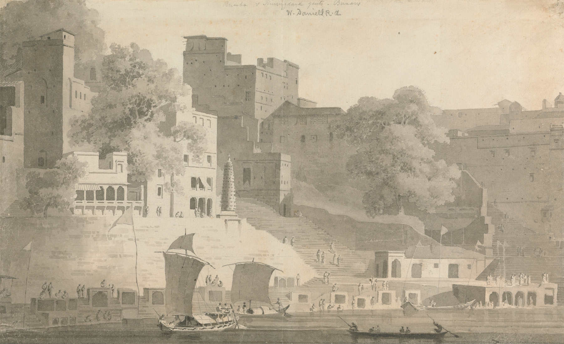Watercolor by William Daniell depicting Bramha and Nursingdara Ghat, Varanasi