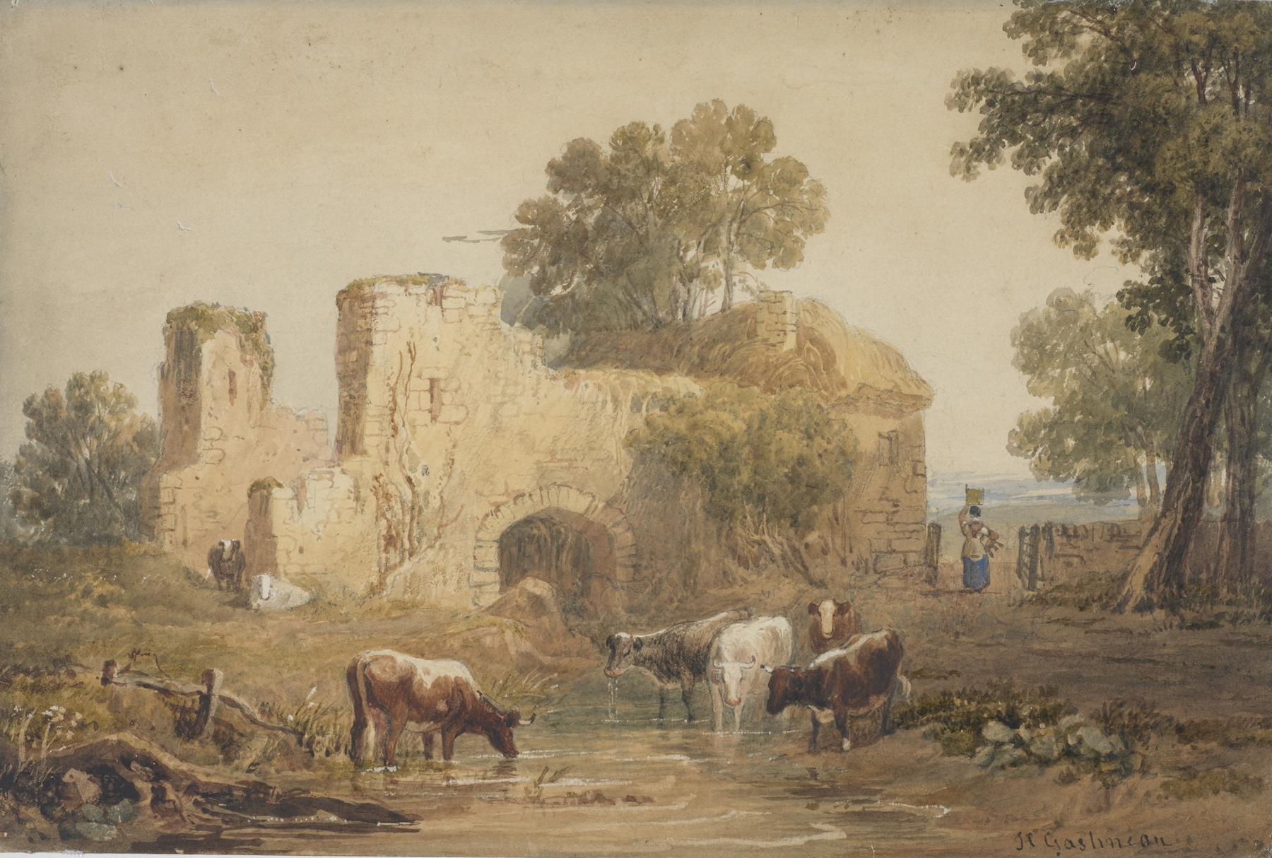 Landscape with ruined building, watercolor on paper by Henry Gastineau