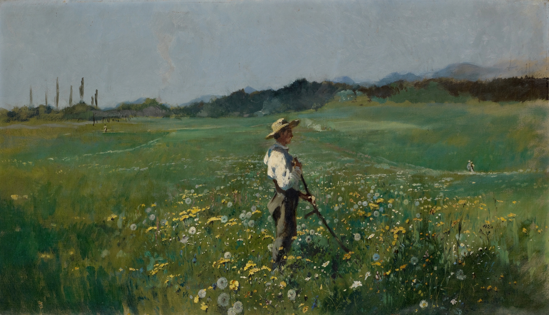 Reaper in a Flowery Meadow by Frank Buchser, oil painting featuring a reaper surrounded by colorful flowers.