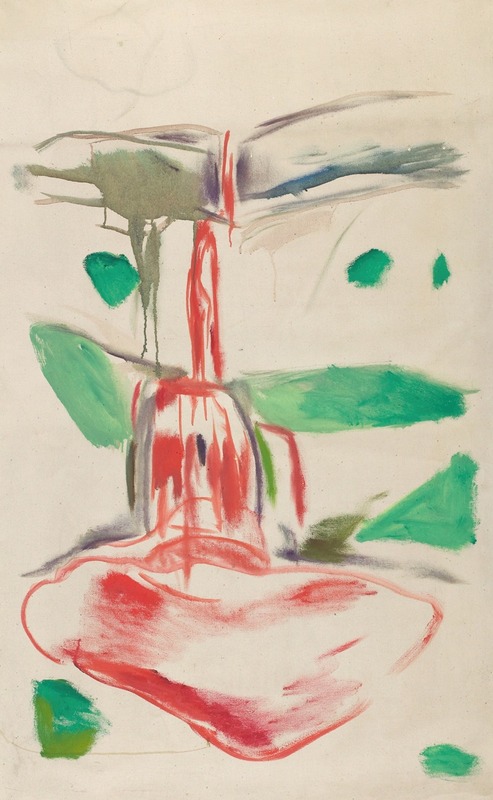 Blood Waterfall by Edvard Munch depicts a dramatic waterfall flowing with red hues.