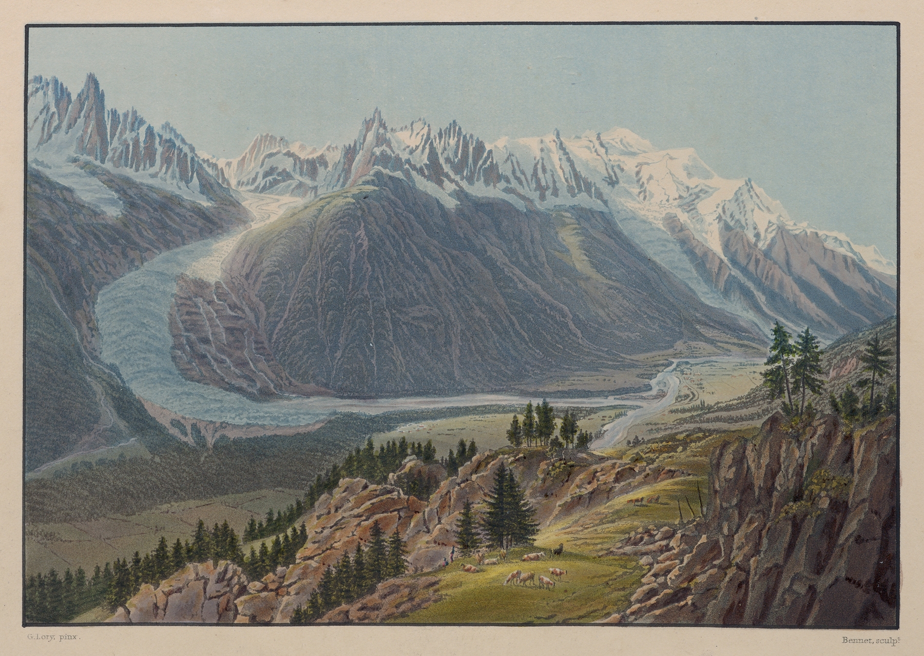 Oil painting by Gabriel Lory the older featuring a landscape with mountains and sunlight.