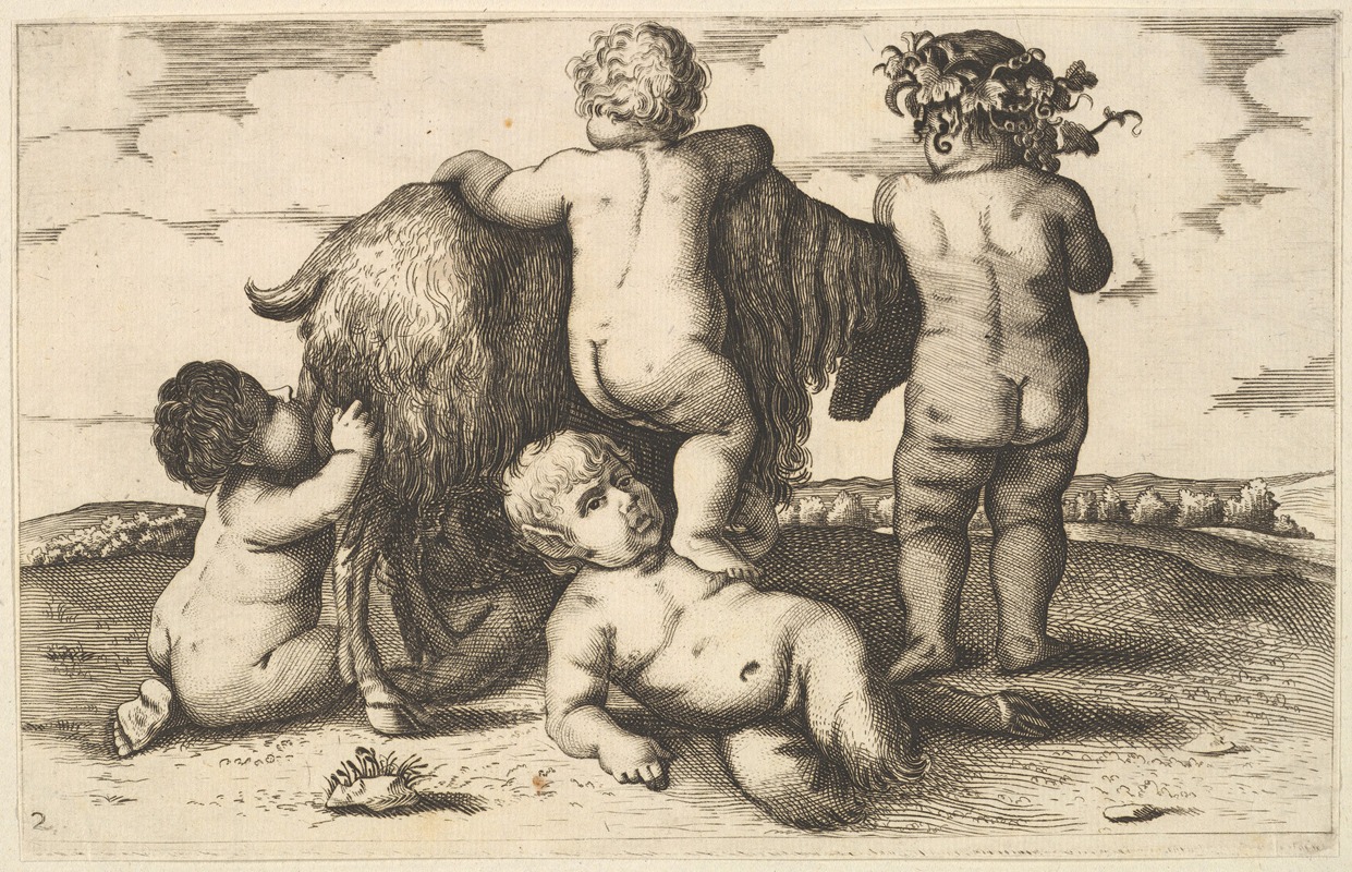 A depiction of four boys, a young satyr, and a goat in a playful scene.