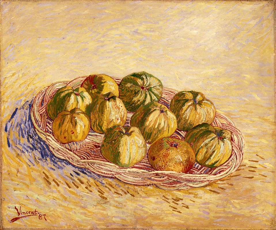 Vincent van Gogh's 'Still Life, Basket of Apples' features vibrant colors and dynamic brushwork.