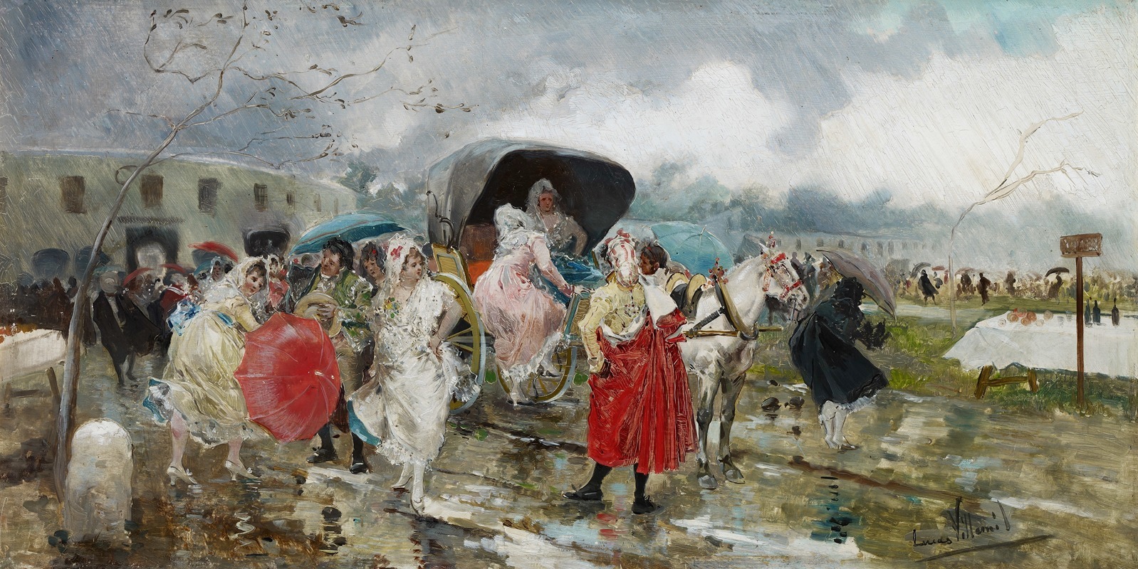 Eugenio Lucas Villamil's painting depicts a scene outside a bullring in the rain.