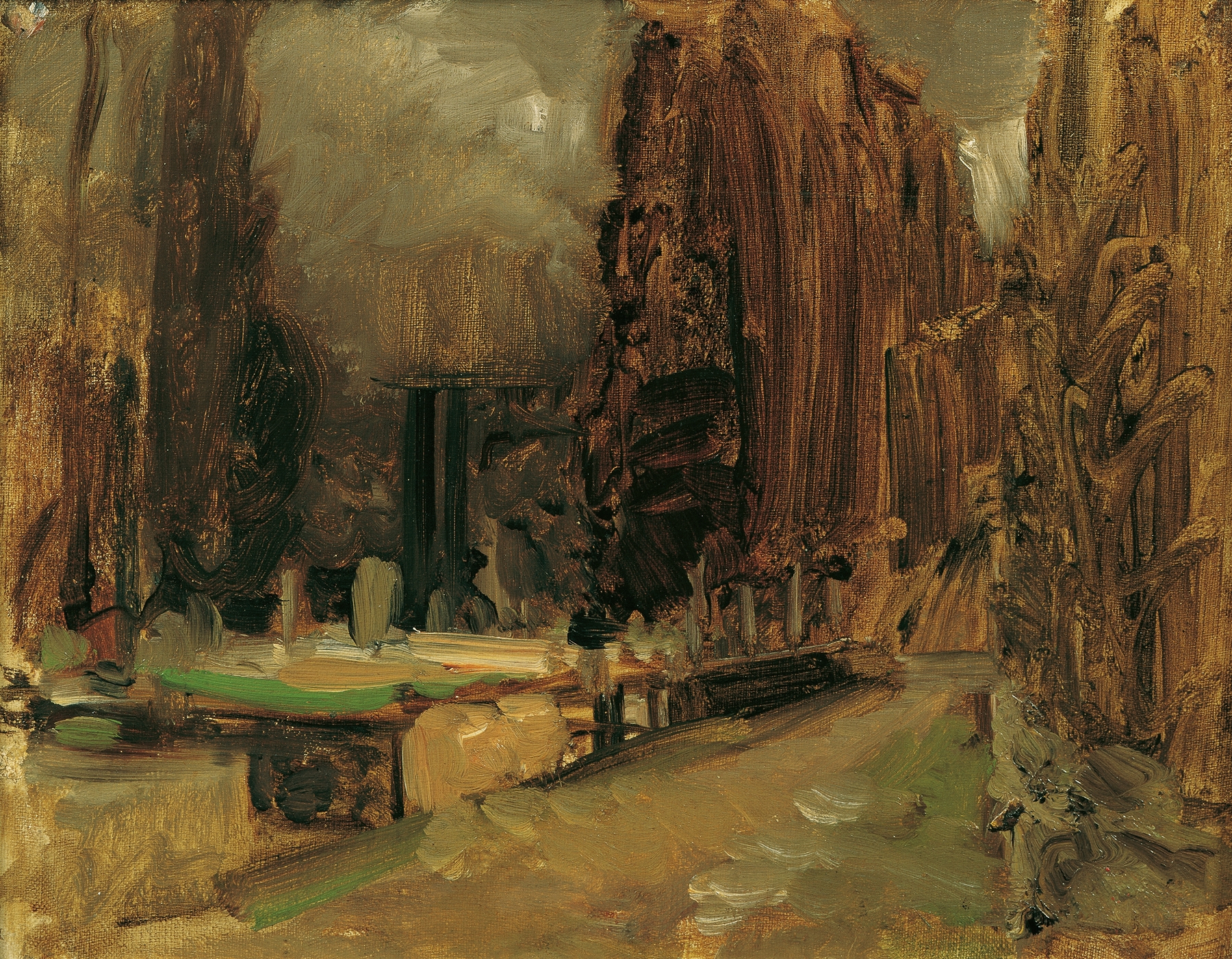 Oil on canvas by Emil Jakob Schindler depicting a graveyard with sunlight filtering through trees.