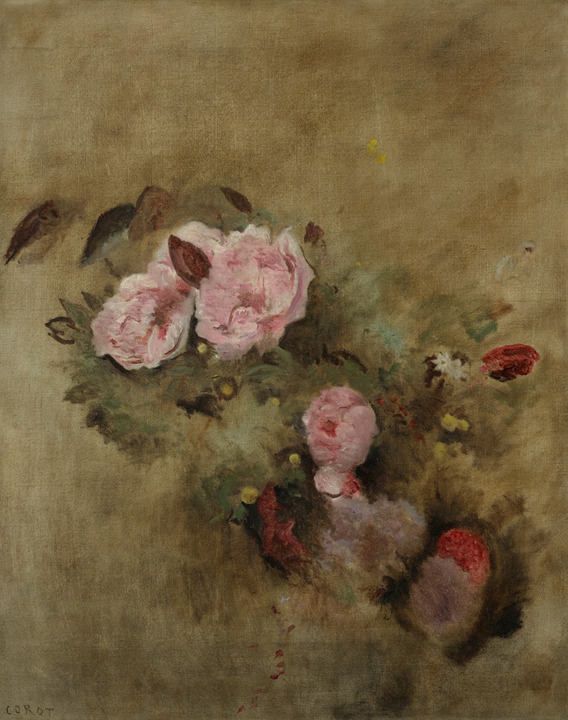 A still life painting featuring a bouquet of flowers by Jean-Baptiste-Camille Corot.