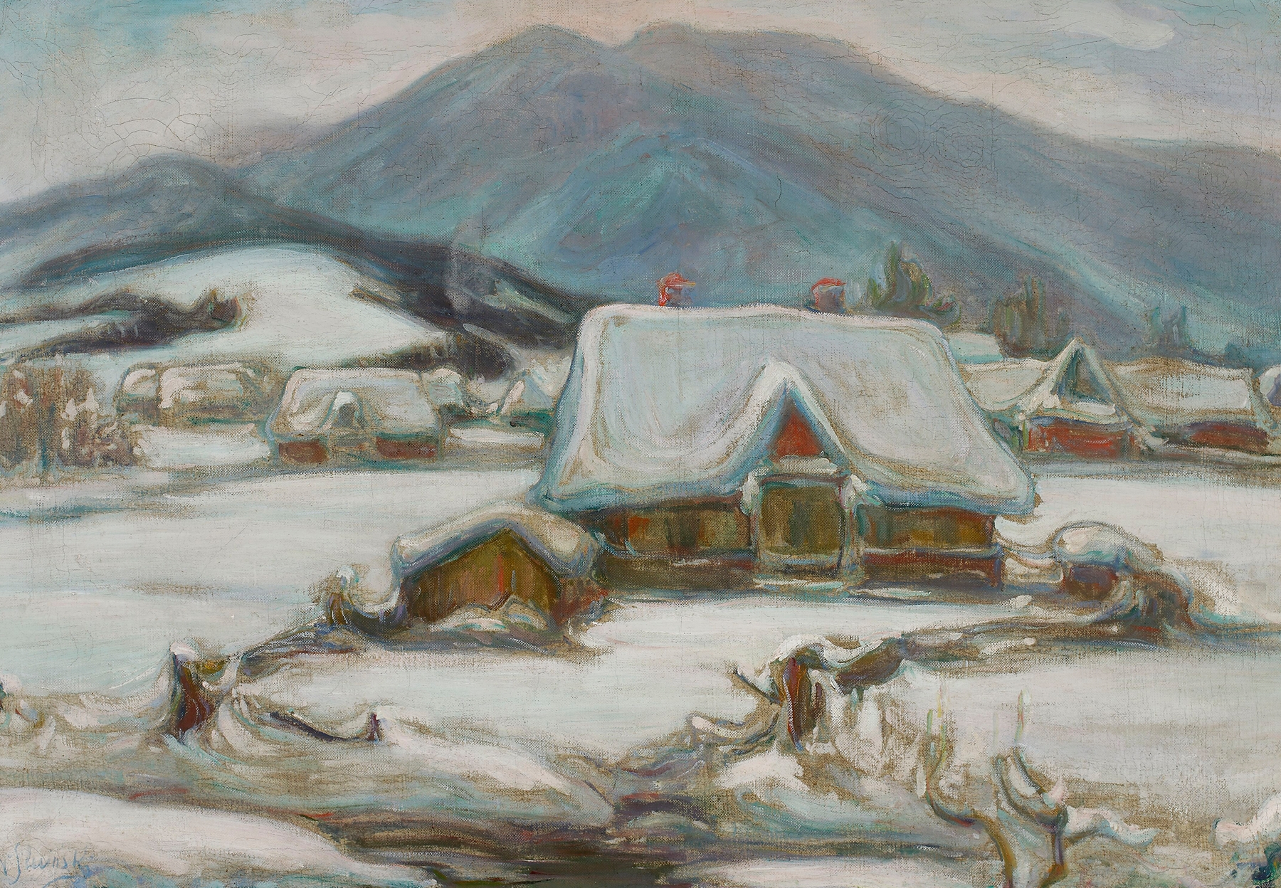Cottages in the snow by Władysław Ślewiński, oil on canvas depicting snow-covered cottages in winter.