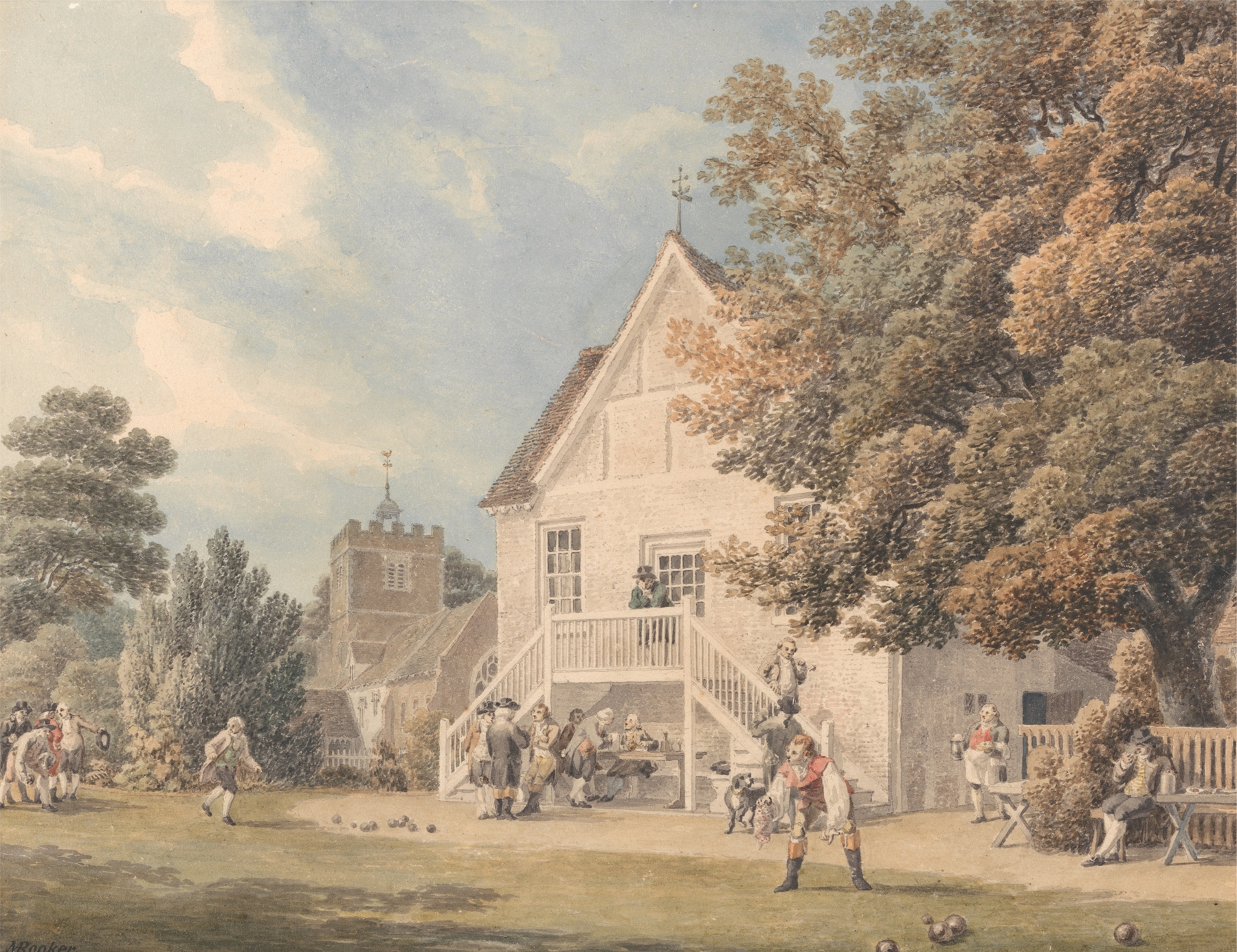 A Game of Bowls on the Bowling Green Outside the Bunch of Grapes Inn, Hurst, Berkshire, by Michael Angelo Rooker, public domain