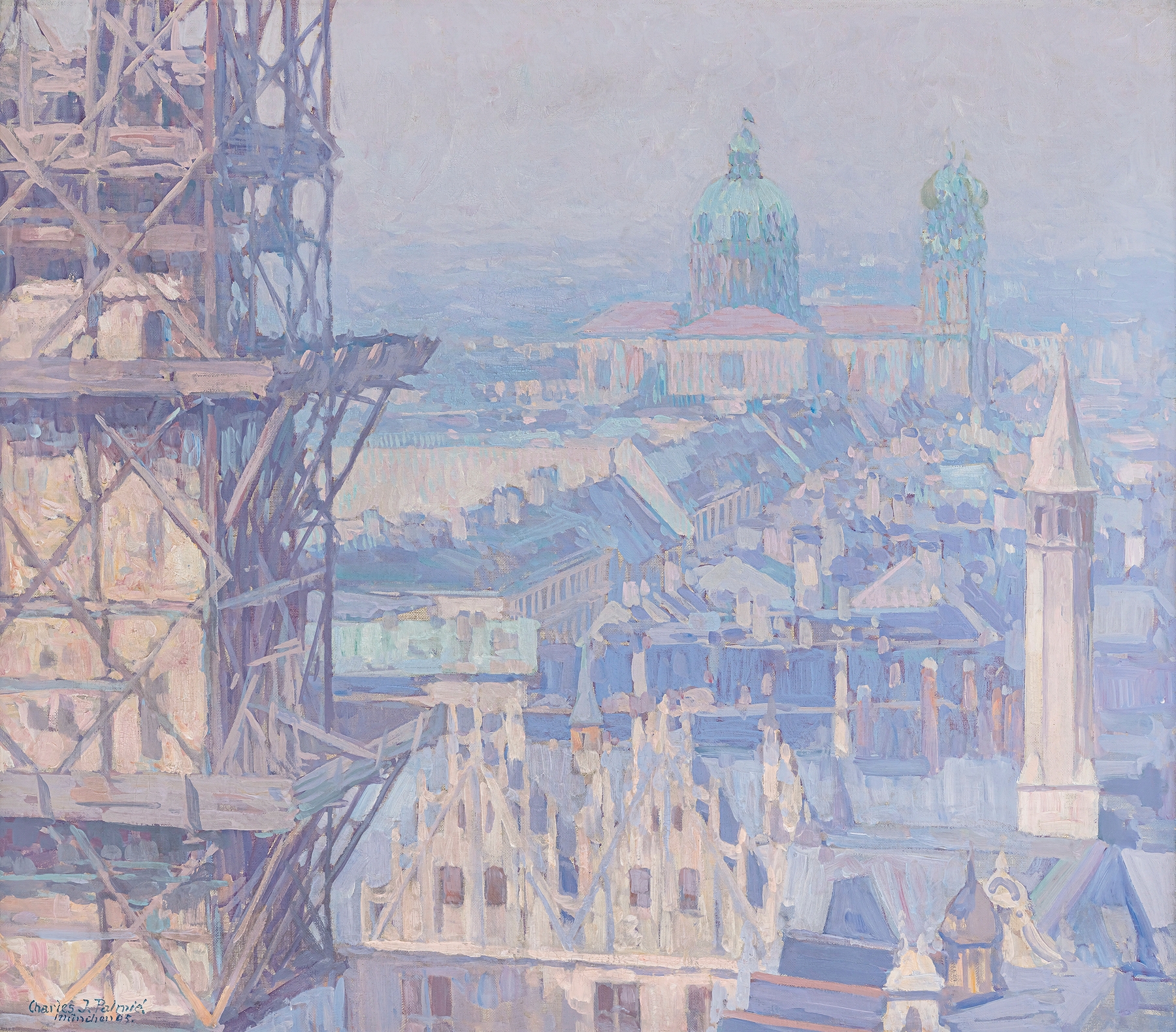 Blick über München mit dem Turm des neuen Rathauses, by Charles Johann Palmié, public domain