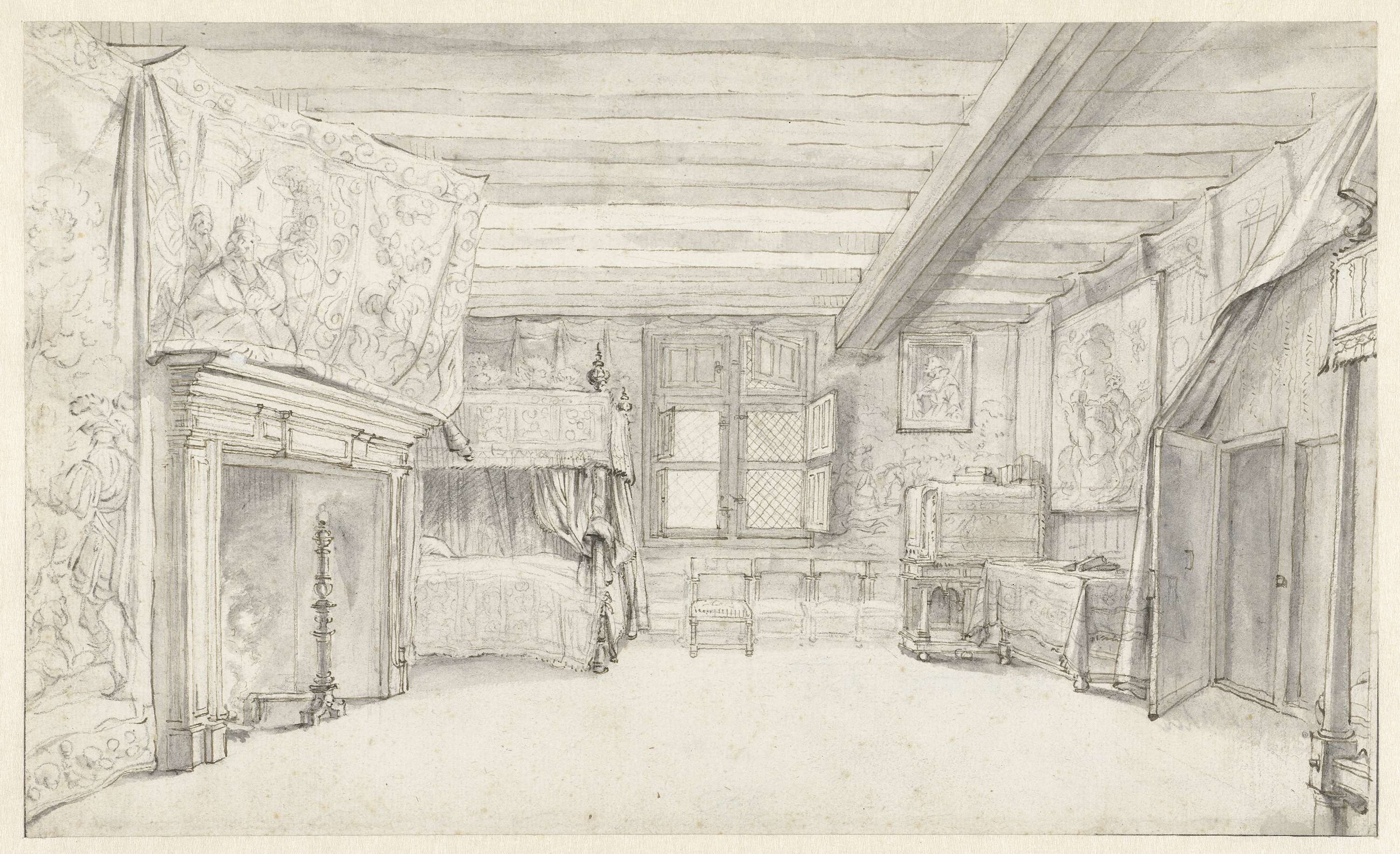 Interior scene with a four-poster bed, oil on panel by Adriaen Pietersz van de Venne