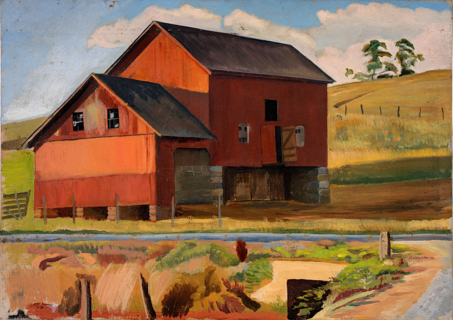 Bluemont Farm by Edward Bruce, oil painting depicting serene fields and trees.