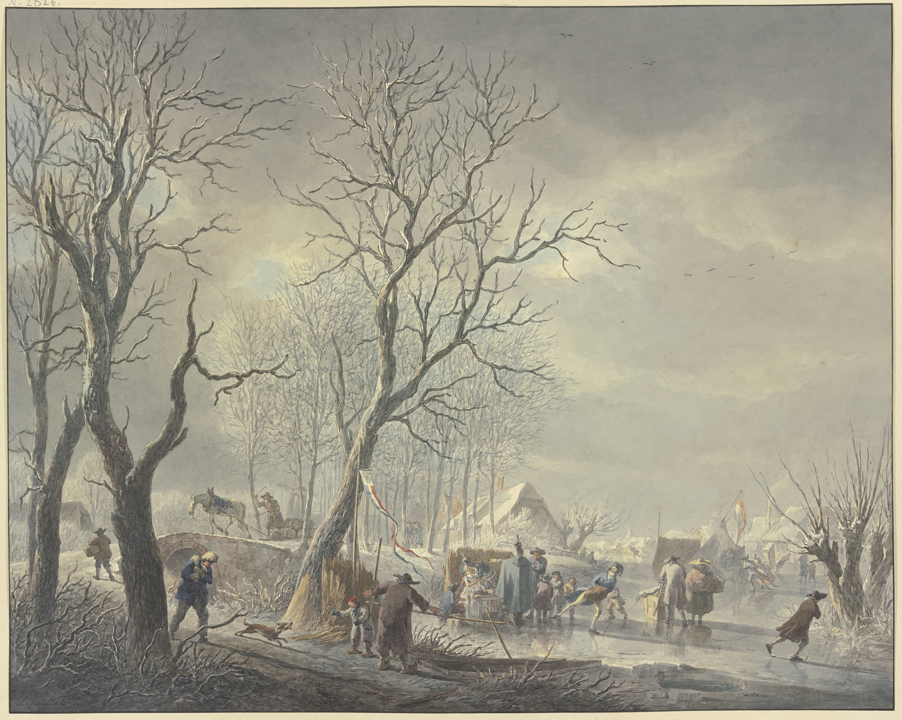 Winter landscape with skaters on a canal, oil painting by Abraham Teerlink