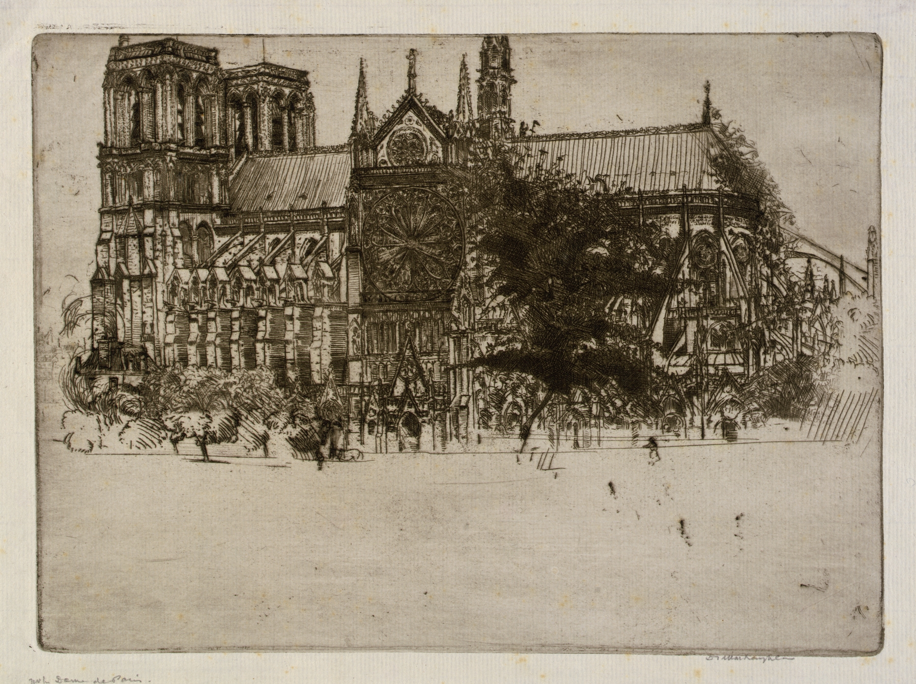 Notre-Dame de Paris by Donald Shaw MacLaughlan, oil painting depicting gothic architecture at sunset