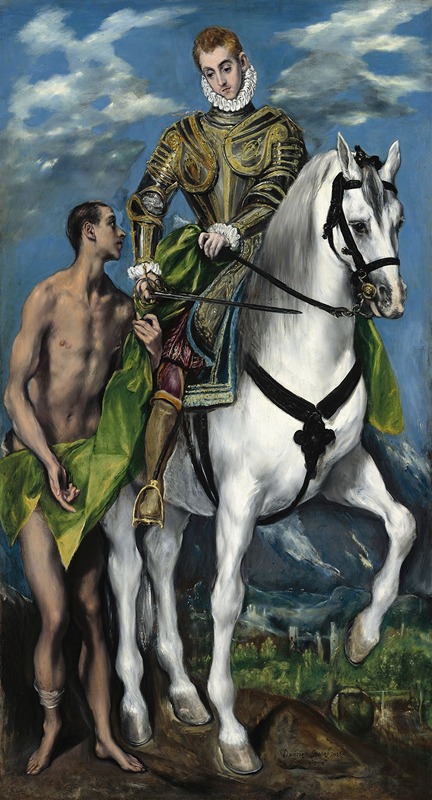 Saint Martin and the Beggar, oil on canvas by El Greco, depicting Saint Martin in a red cloak with a sword.