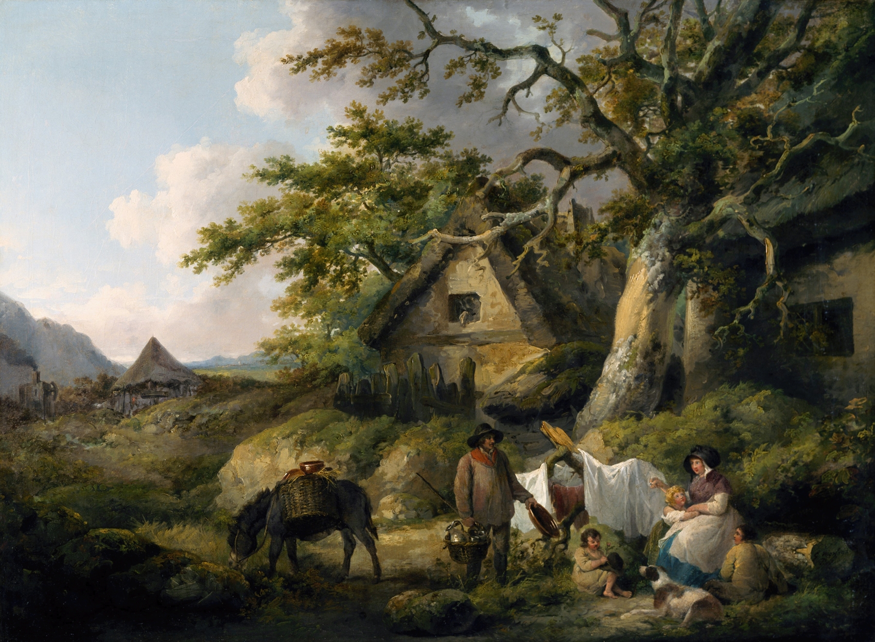 Landscape by George Morland, 1792, depicting fields and clouds under soft sunlight.
