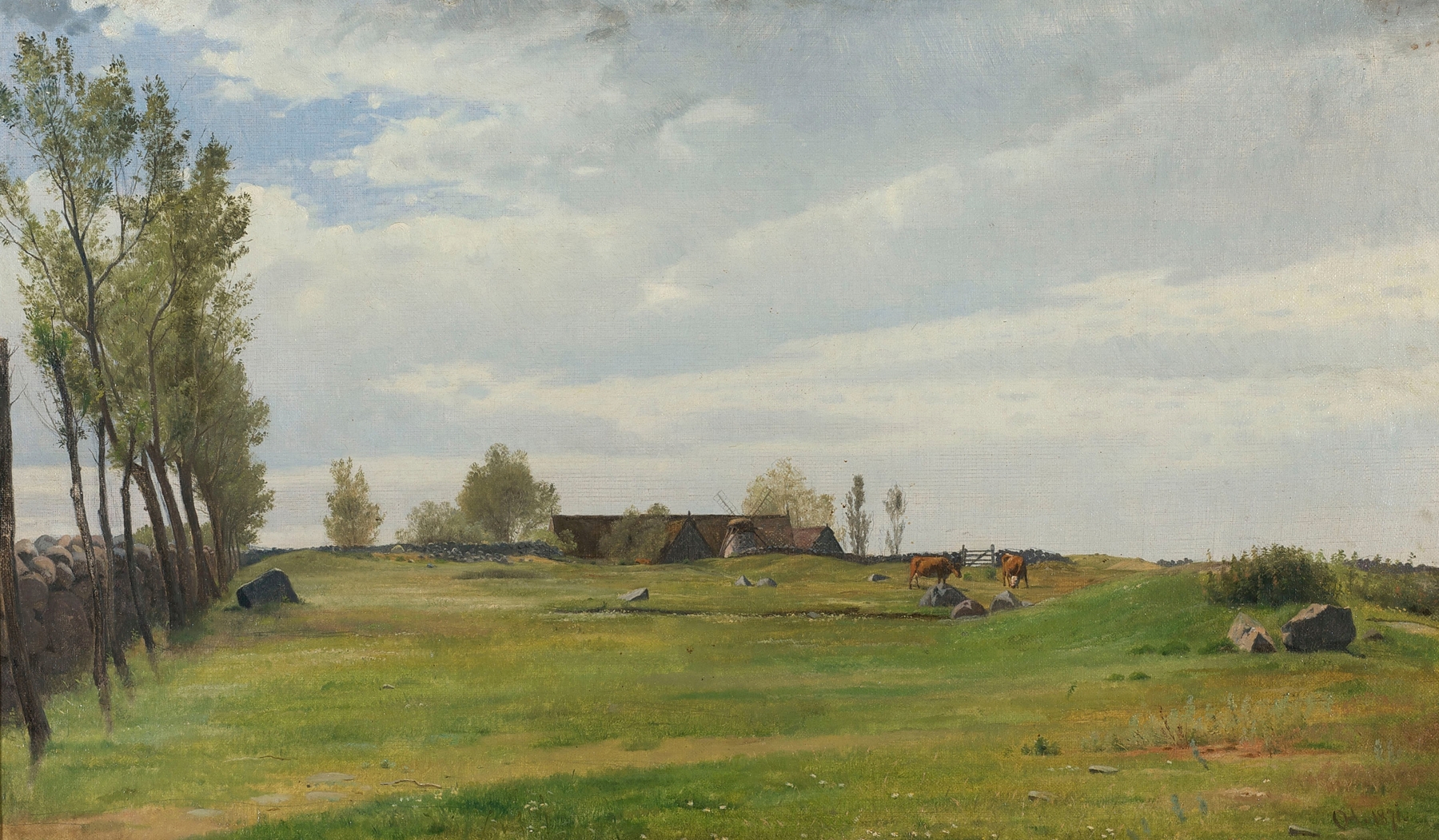 Landscape oil painting by Otto Haslund depicting a paddock with golden light and lush greenery.