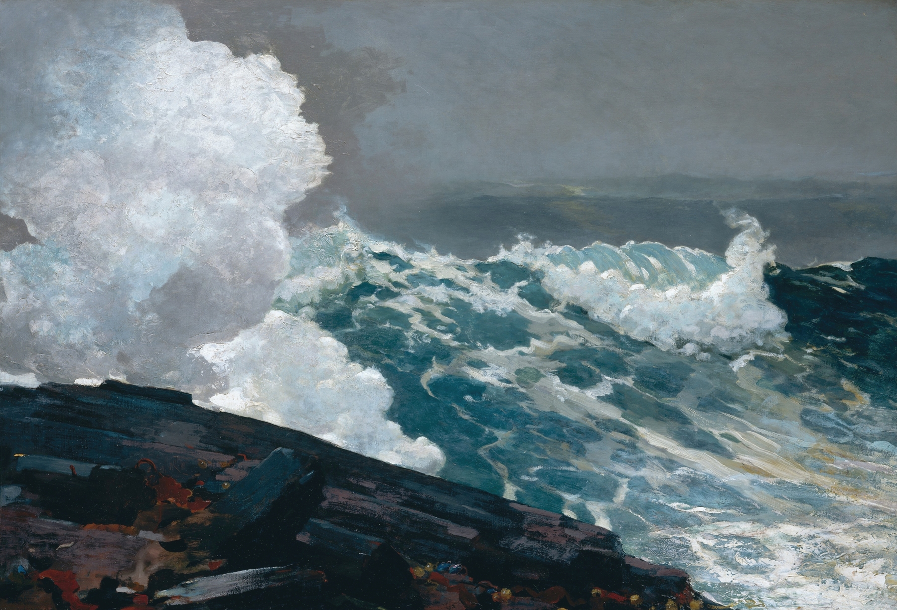 Northeaster by Winslow Homer, oil painting of a stormy sea with dark clouds.